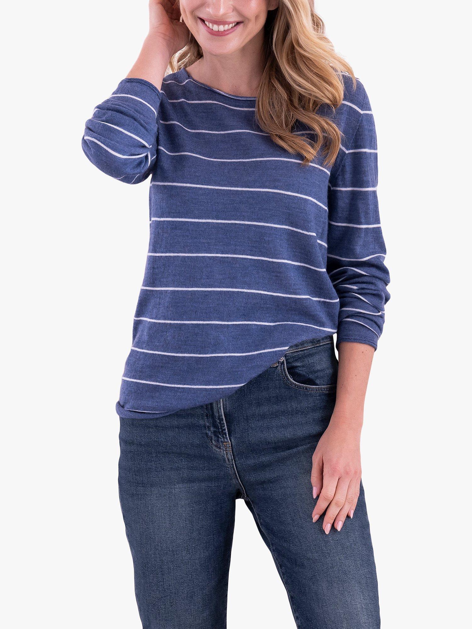 Celtic & Co. Fine Knit Merino Crew Jumper, Vintage Blue/Ecru