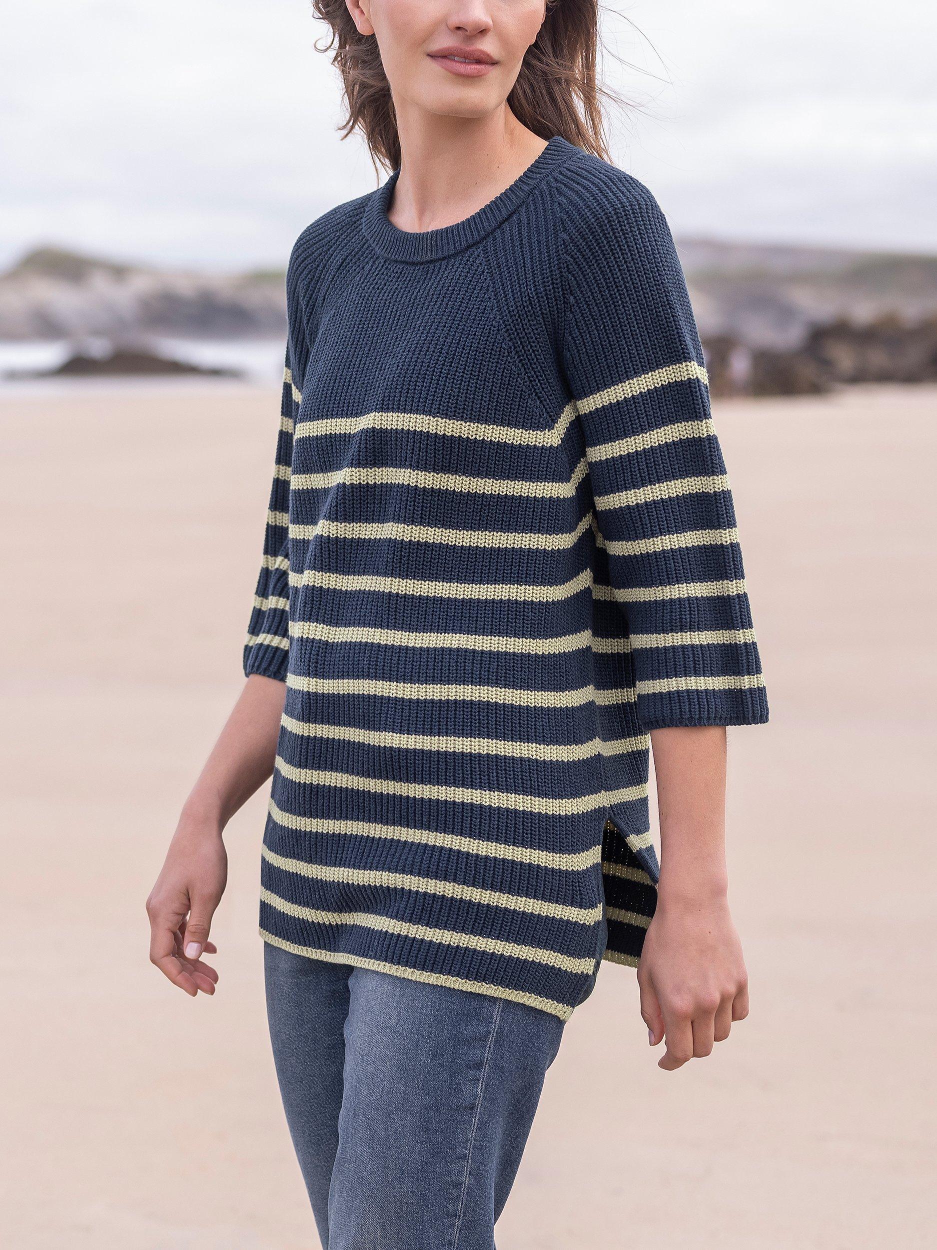 Product image 1 of 5, which shows Celtic & Co. Breton Stripe Half Sleeve Jumper, Navy, XS