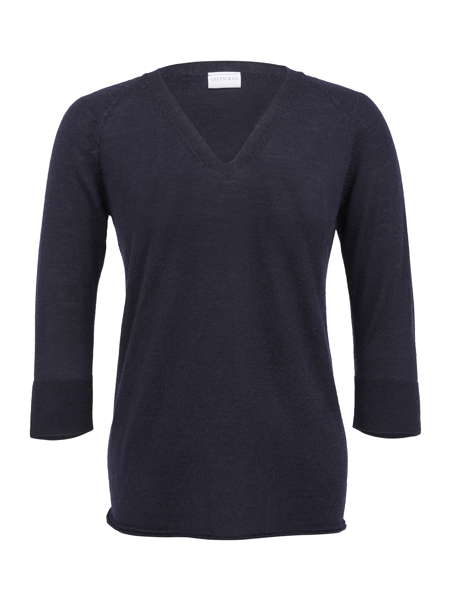 Product image 2 of 7, which shows Celtic & Co. Fine Knit Merino V Neck Jumper, Dark Navy, XS