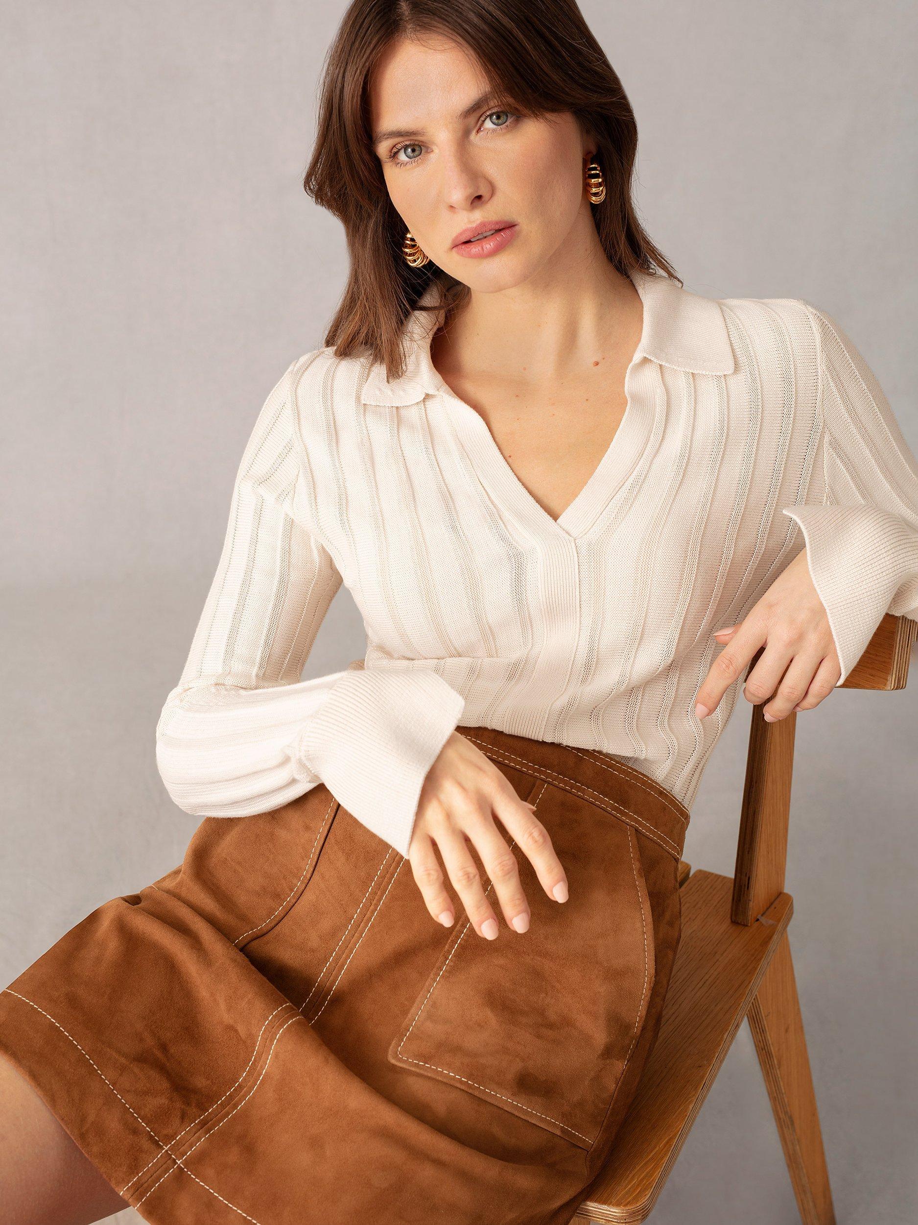 Ro&Zo Collared Knit Cotton Blend Top, Natural