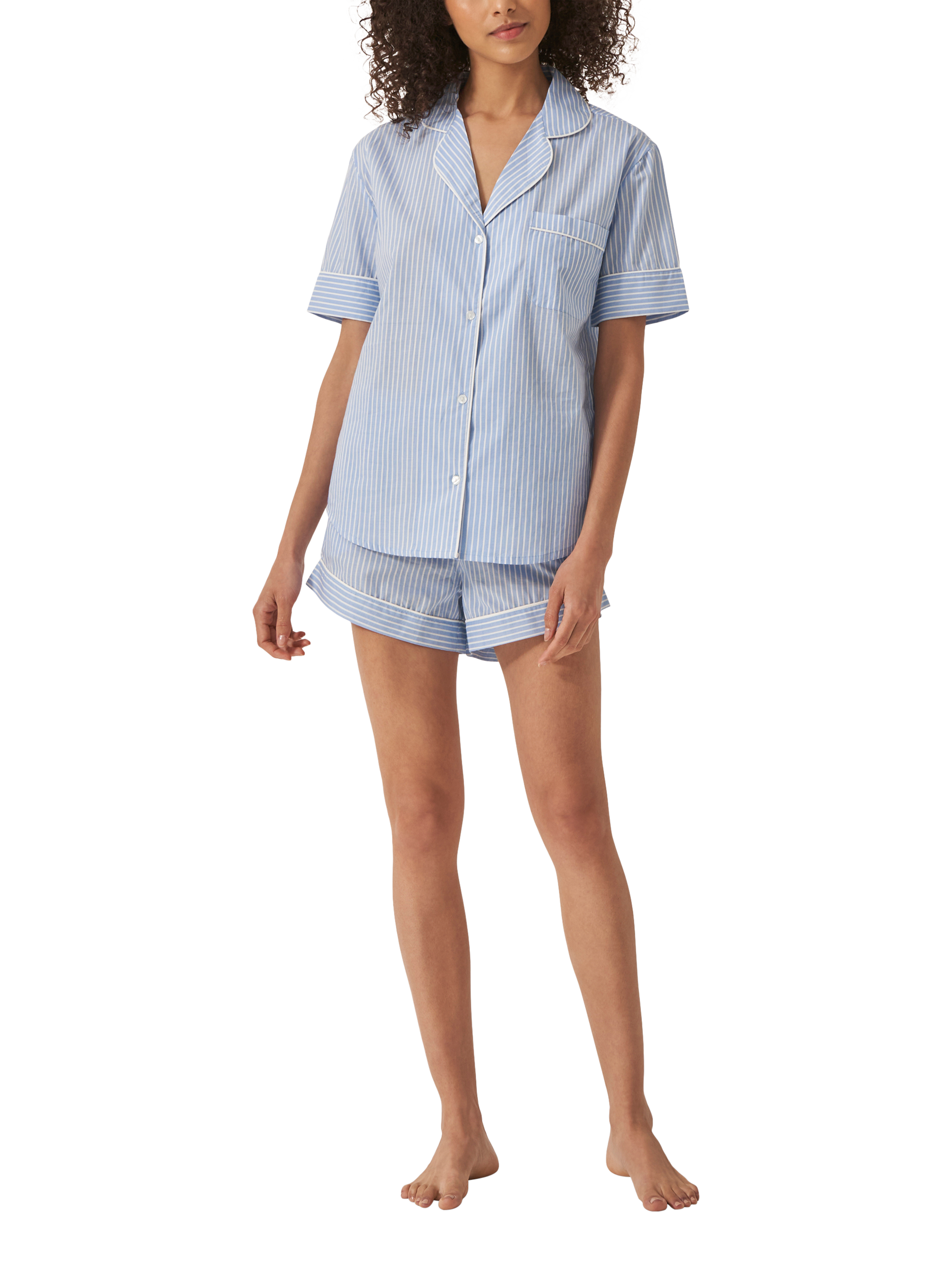 Product image 1 of 3, which shows myza Striped Organic Cotton Short Sleeve Pyjama Short Set, Blue/White, XS