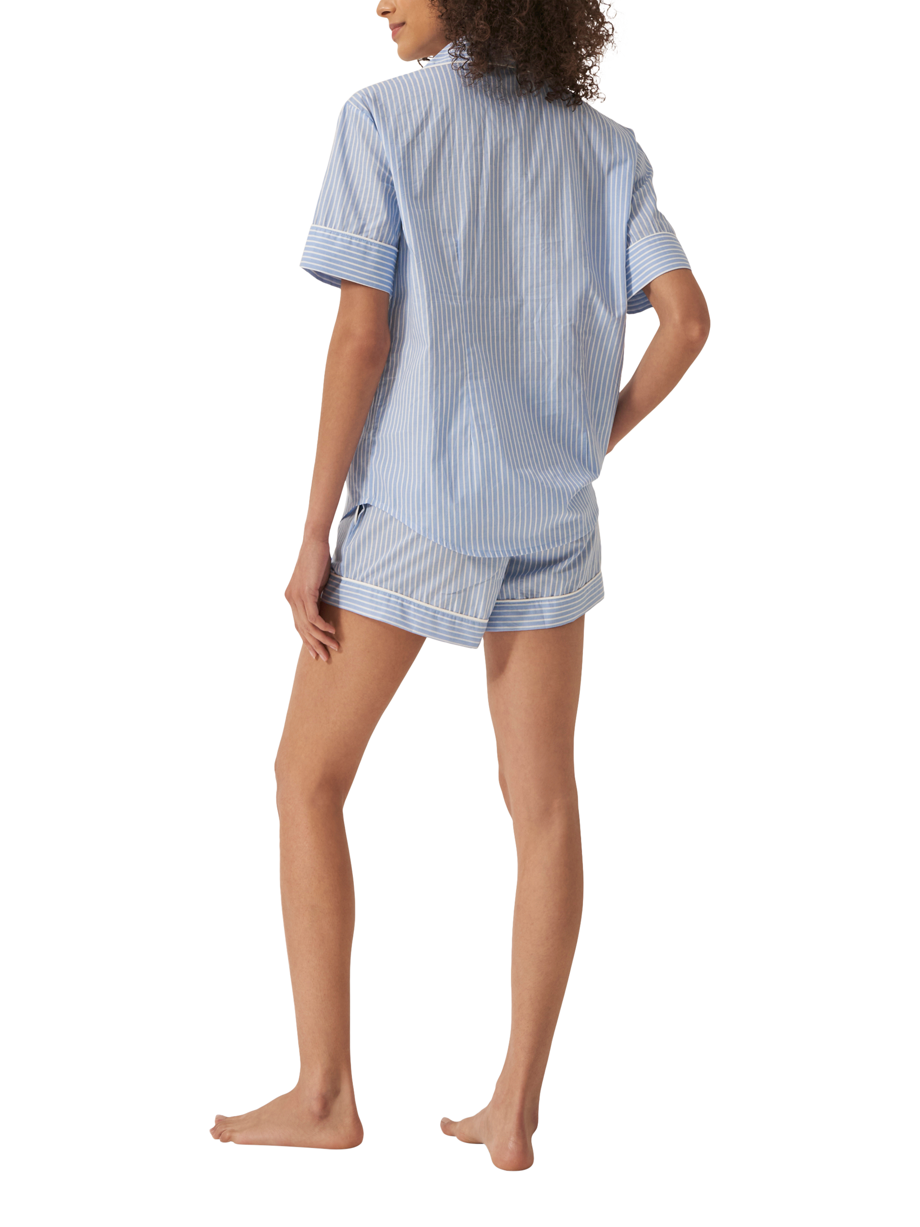Product image 2 of 3, which shows myza Striped Organic Cotton Short Sleeve Pyjama Short Set, Blue/White, XS