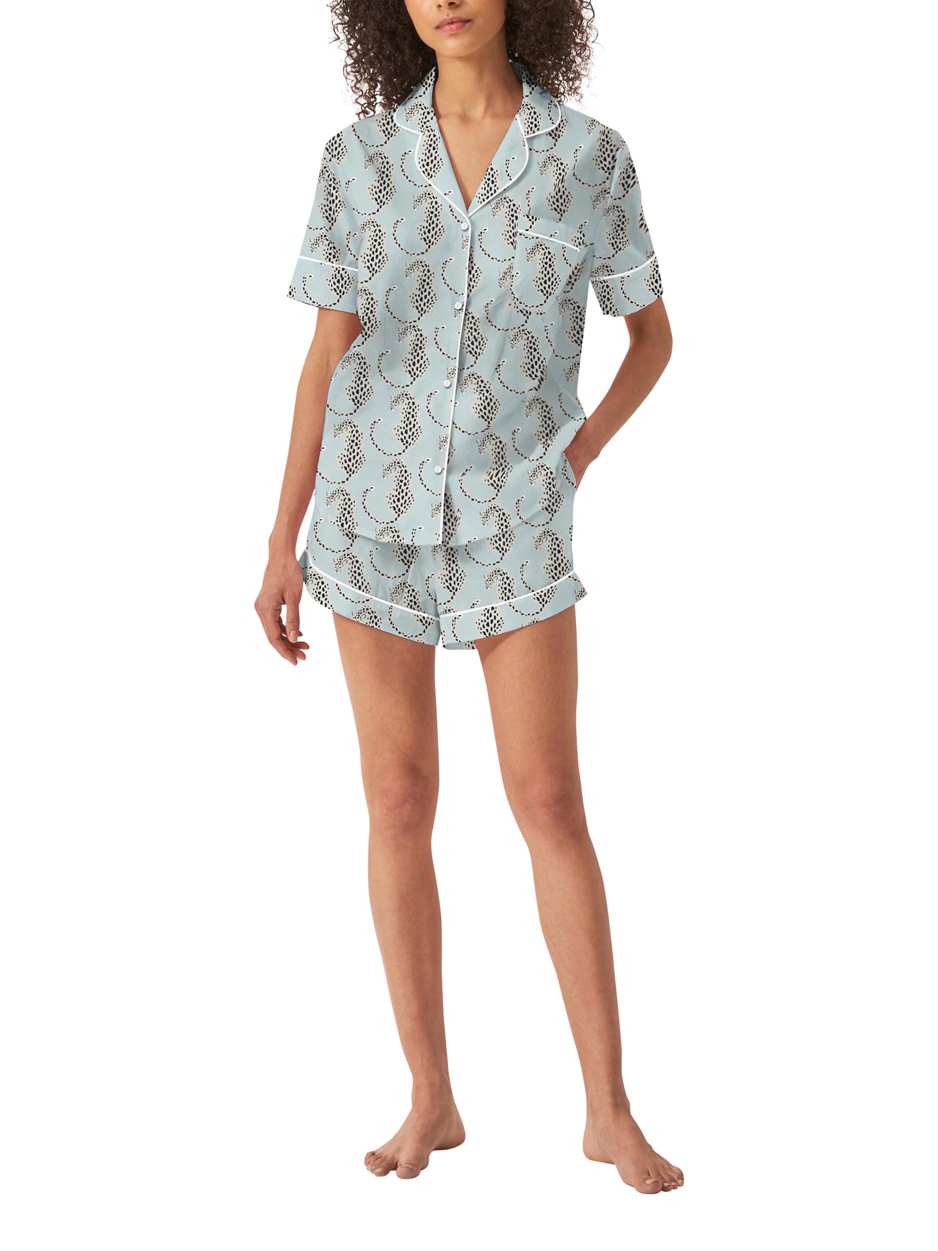 Product image 1 of 1, which shows myza Leopards Organic Cotton Short Sleeve Pyjama Short Set, Blue/Multi, XS