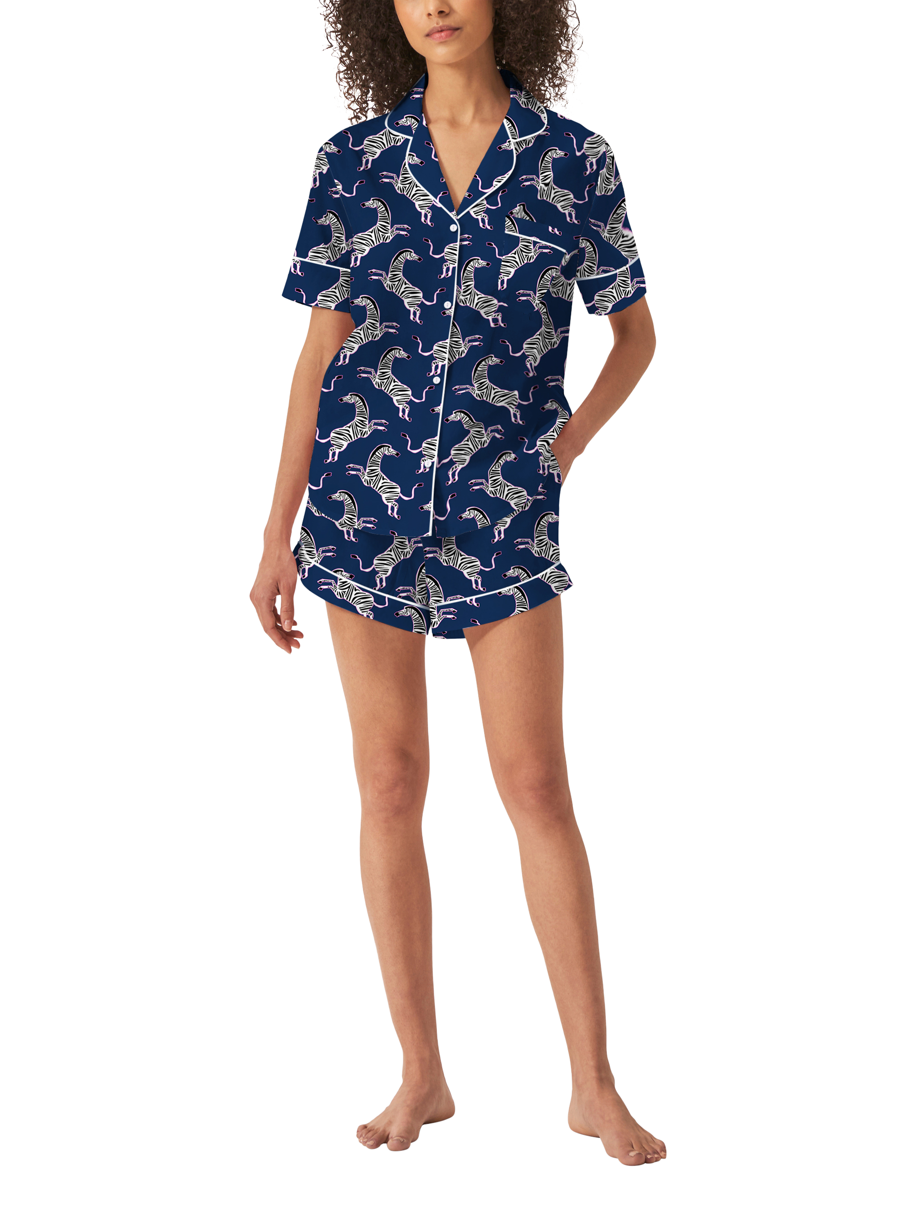 Product image 1 of 1, which shows myza Zebra Organic Cotton Short Sleeve Pyjama Short Set, Navy/Pink, XL
