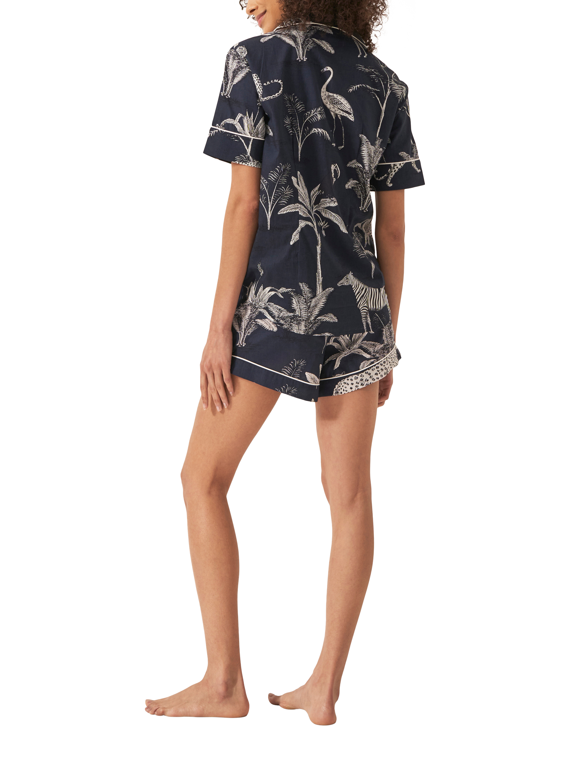 Product image 3 of 3, which shows myza Organic Cotton Botanical Jungle Short Sleeve Pyjama Set, Navy, XS