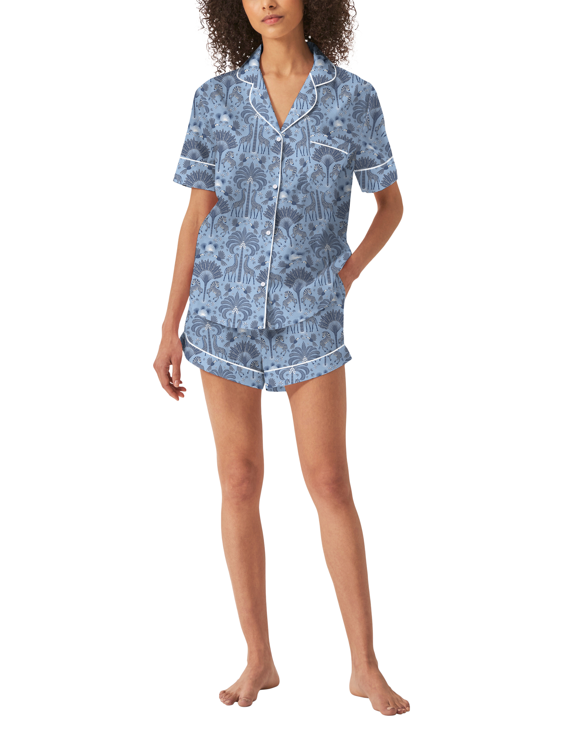 Product image 1 of 1, which shows myza Favourite Travels Organic Cotton Short Sleeve Pyjama Short Set, Blue, XS