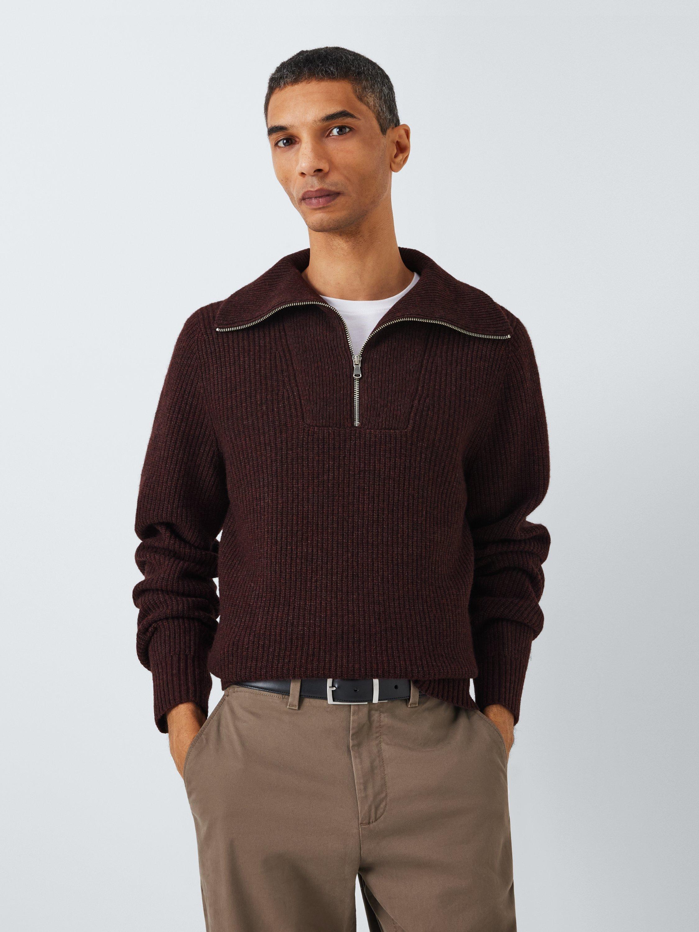 John Lewis Lambswool Blend Rib Knit High Zip Neck Jumper, Loden, Woodrush