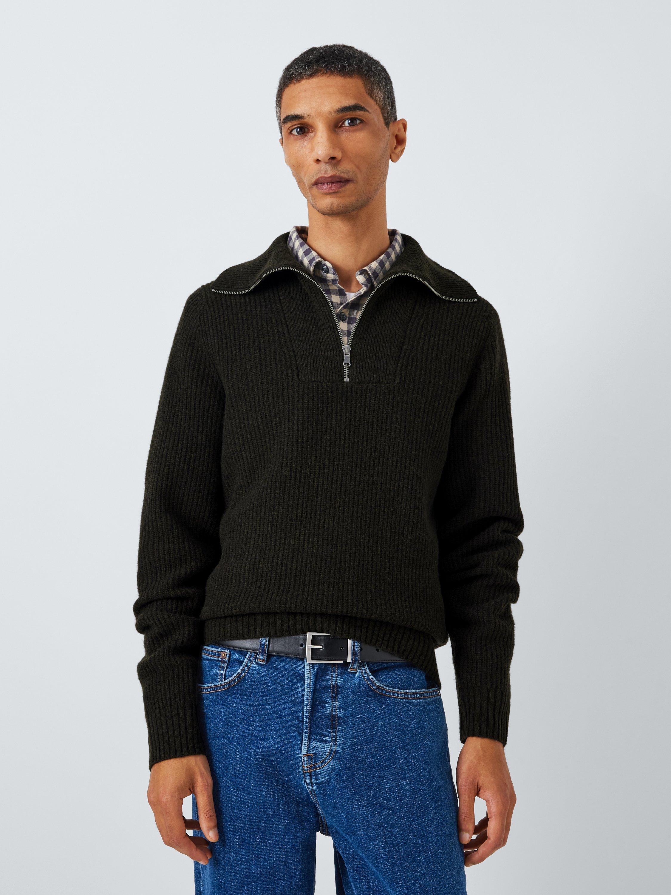 John Lewis Lambswool Blend Rib Knit High Zip Neck Jumper, Loden, Loden