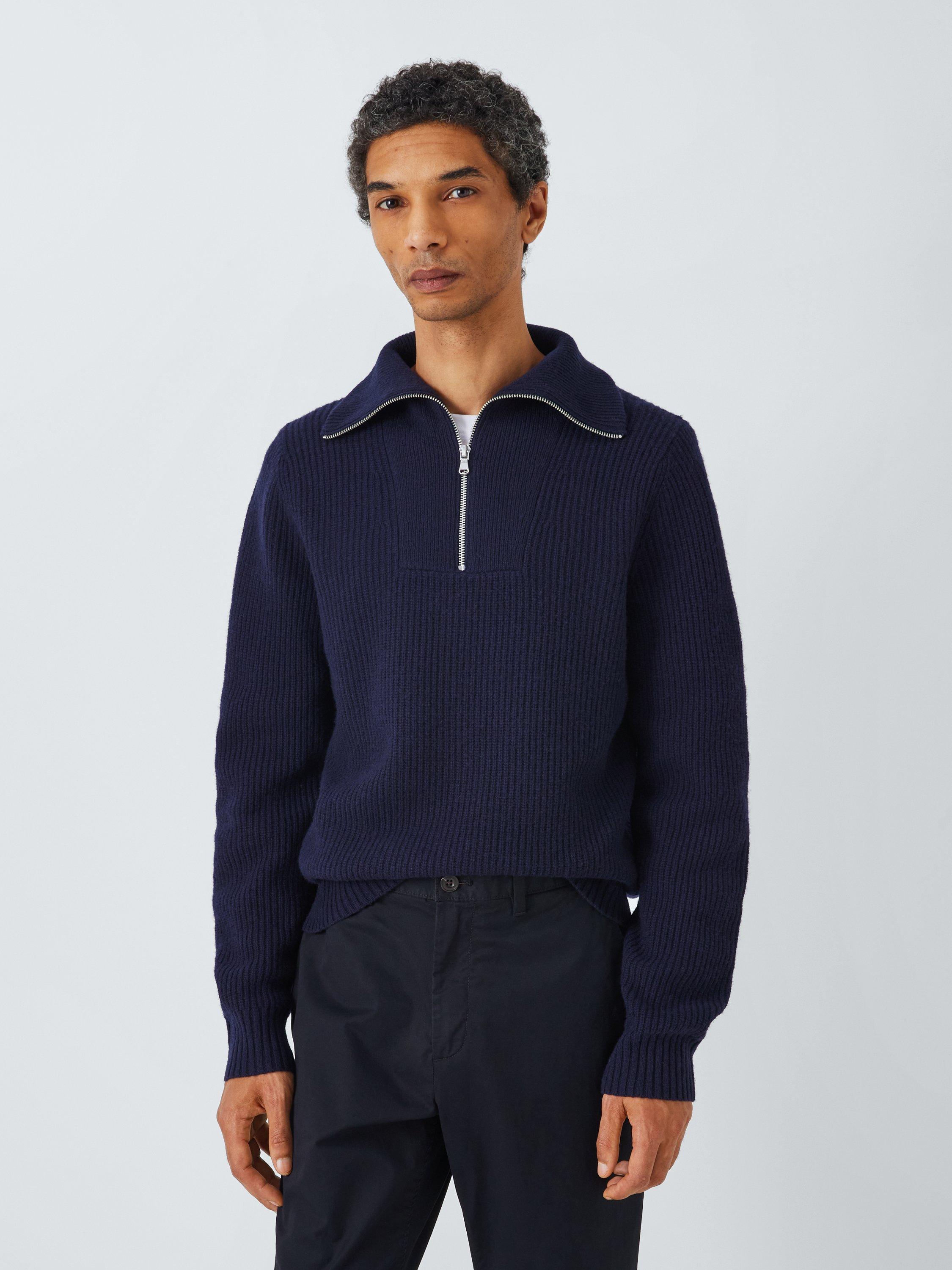 John Lewis Lambswool Blend Rib Knit High Zip Neck Jumper, Loden