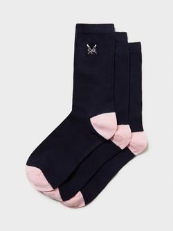 Crew Clothing Embroidered Logo Bamboo Blend Ankle Socks, Pack of 3, Navy Blue, One Size, Navy Blue