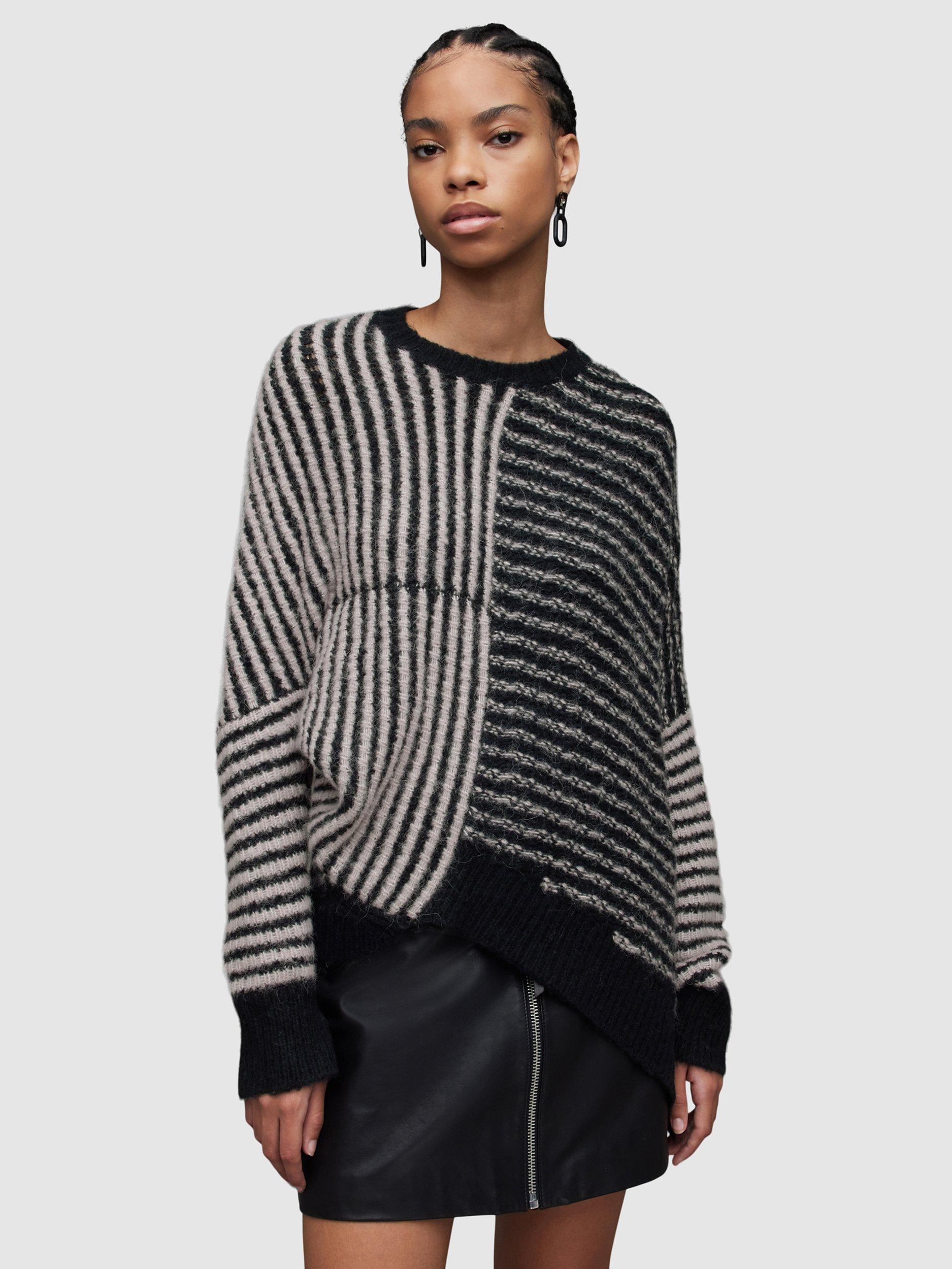 AllSaints Selina Asymmetric Hem Stripe Jumper, Pashmina Pink/Black