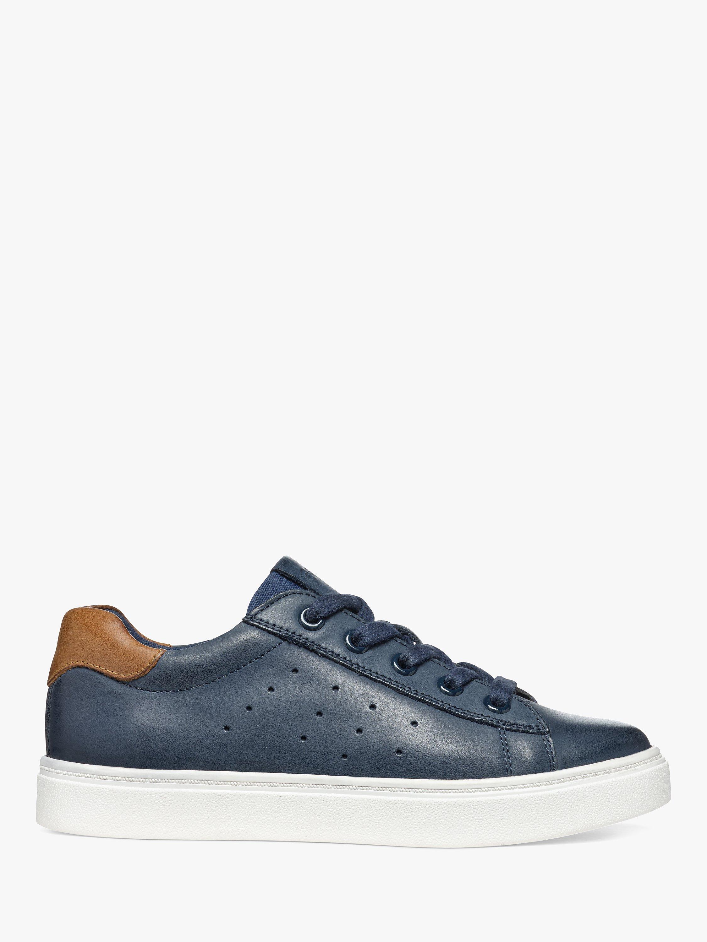 Product image 1 of 6, which shows Geox Kids' Nashik Leather Blend Lace Up Trainers, Navy/Brown, 38