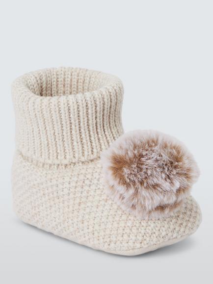 John Lewis Pom Knitted Baby Booties, Cream, Cream