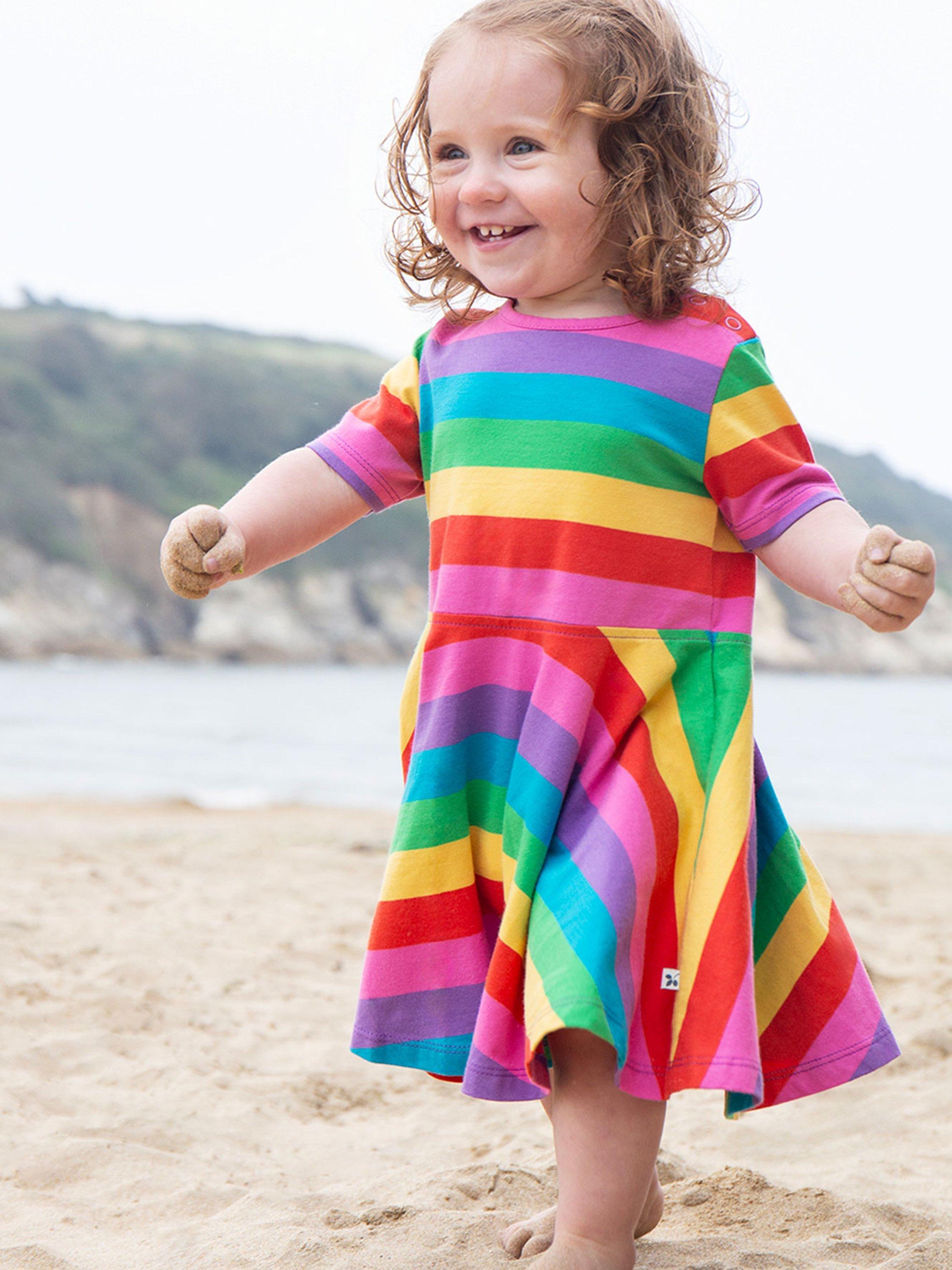 Frugi Kids Sunshine Rainbow Stripes Skater Dress Multi
