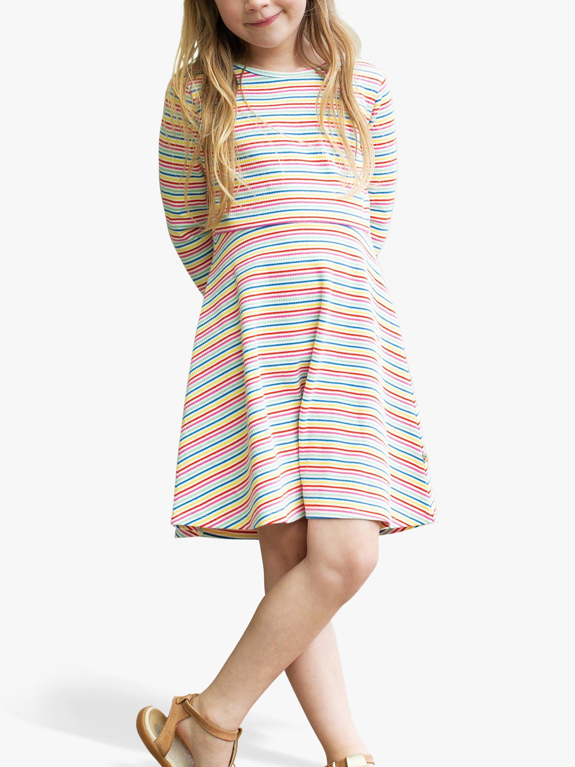 Frugi Kids' Organic Cotton Blend Rhianna Stripe Rib Skater Dress, Rainbow, 2-3 years