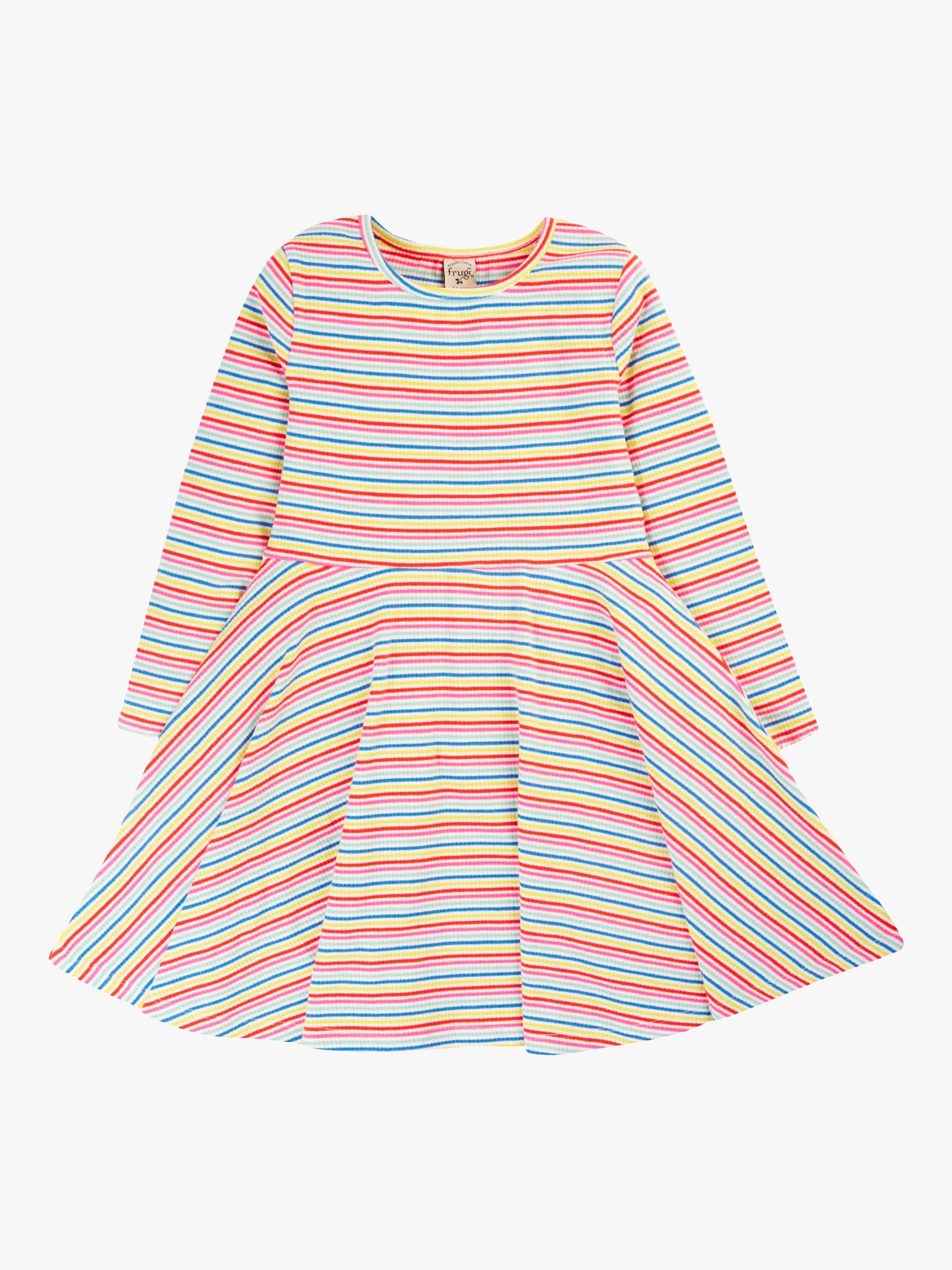 Frugi Kids' Organic Cotton Blend Rhianna Stripe Rib Skater Dress, Rainbow, 2-3 years