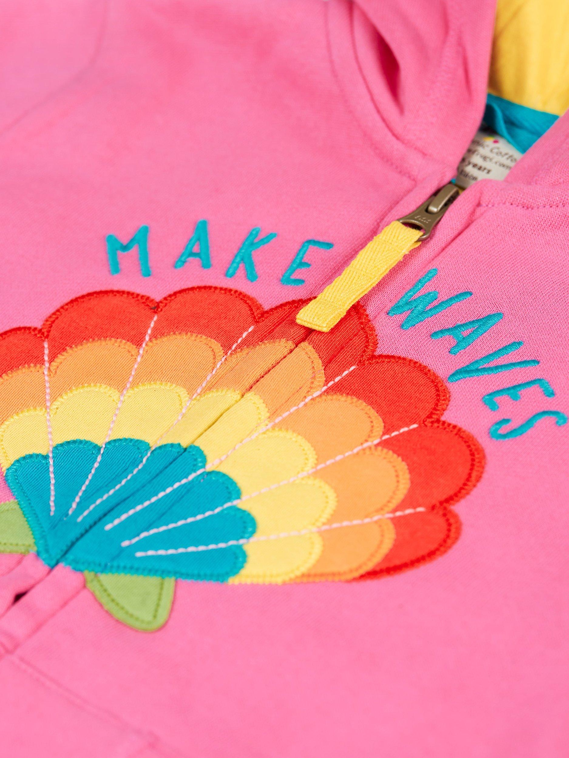 Product image 3 of 4, which shows Frugi Kids' Switch Carbis Rainbow Shell Organic Cotton Hoodie, Hibiscus/Multi, 6-7 years