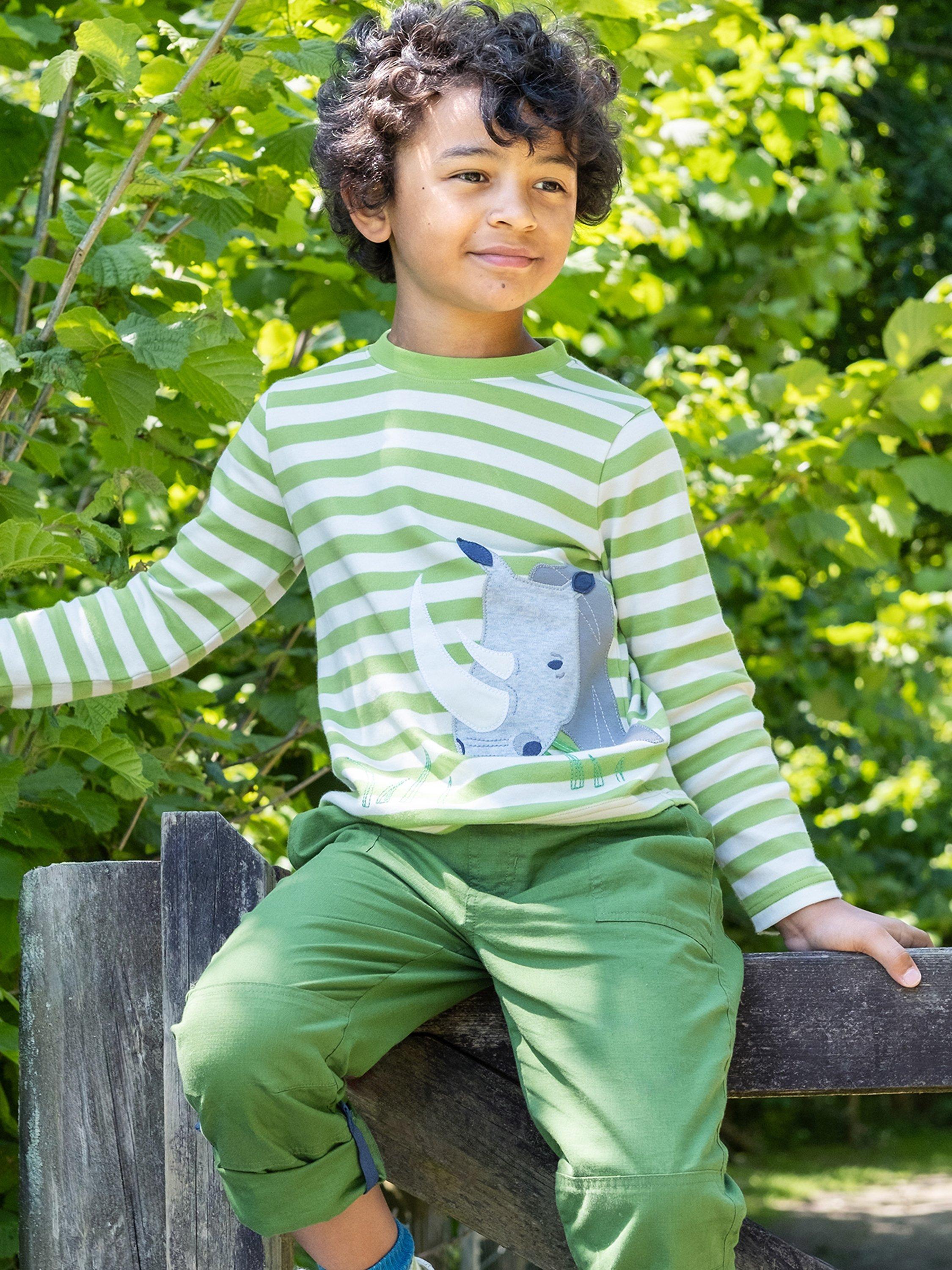 Frugi Kids' Organic Cotton Discovery Rhino Applique Top, Kiwi Stripe/Rhino, 9-10 years