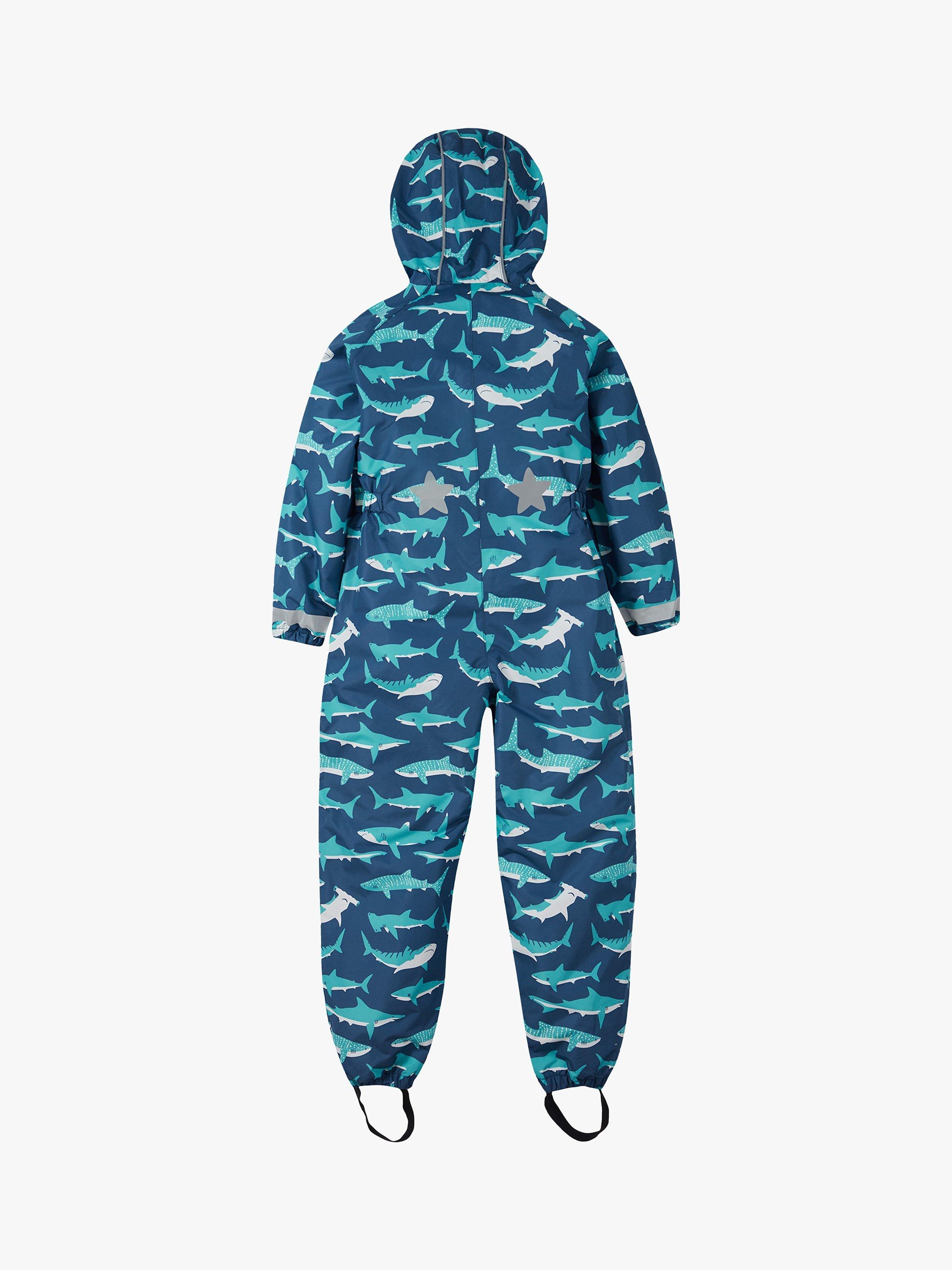 Product image 2 of 6, which shows Frugi Kids' Rain Or Shine Tropical Sea Sharks Waterproof Suit, Multi, 2-3 years