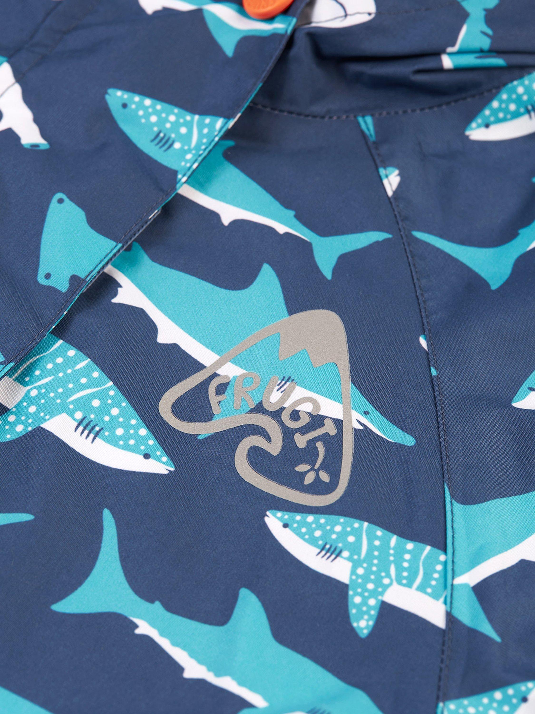 Product image 3 of 6, which shows Frugi Kids' Rain Or Shine Tropical Sea Sharks Waterproof Suit, Multi, 2-3 years