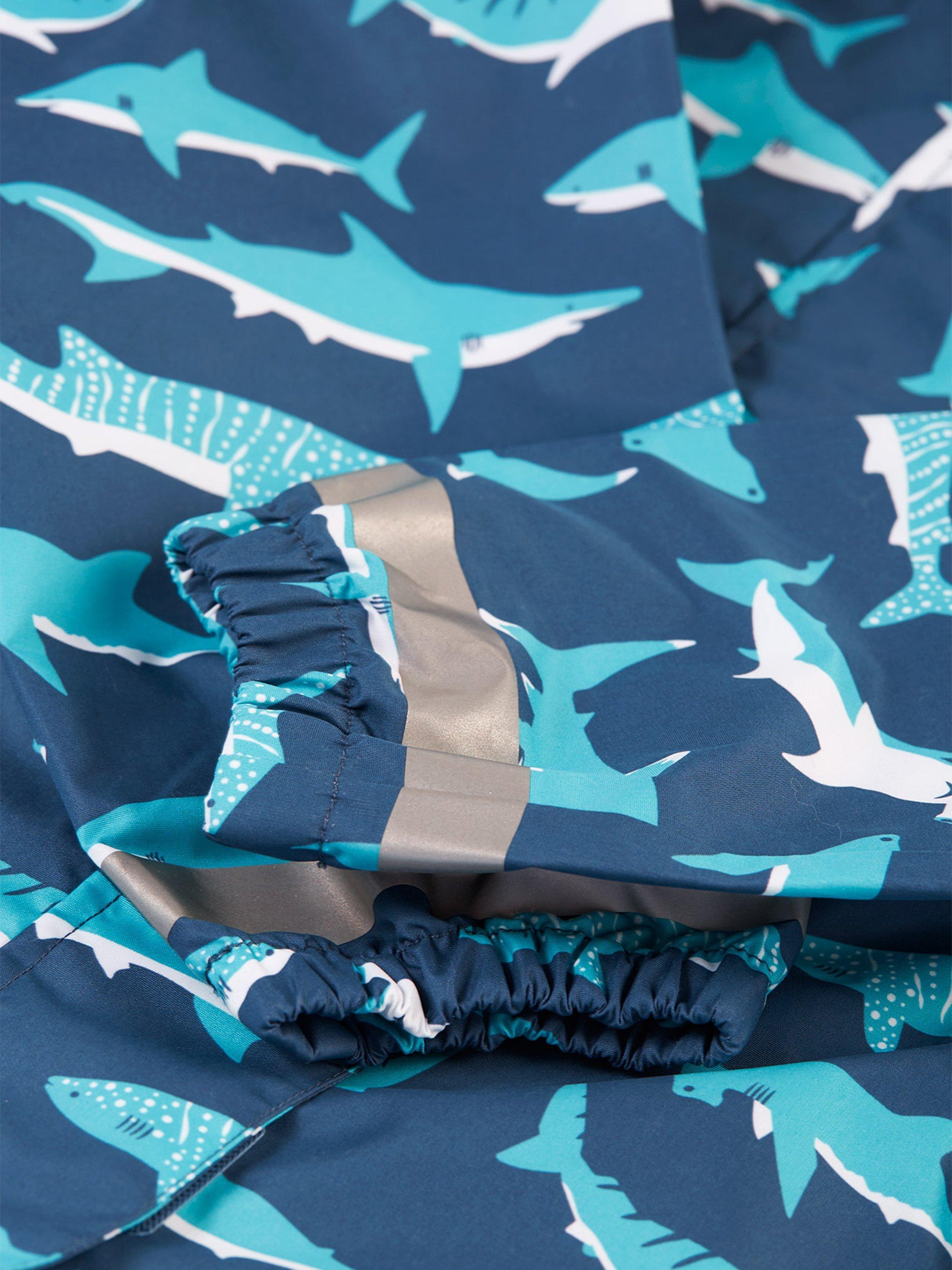 Product image 4 of 6, which shows Frugi Kids' Rain Or Shine Tropical Sea Sharks Waterproof Suit, Multi, 2-3 years