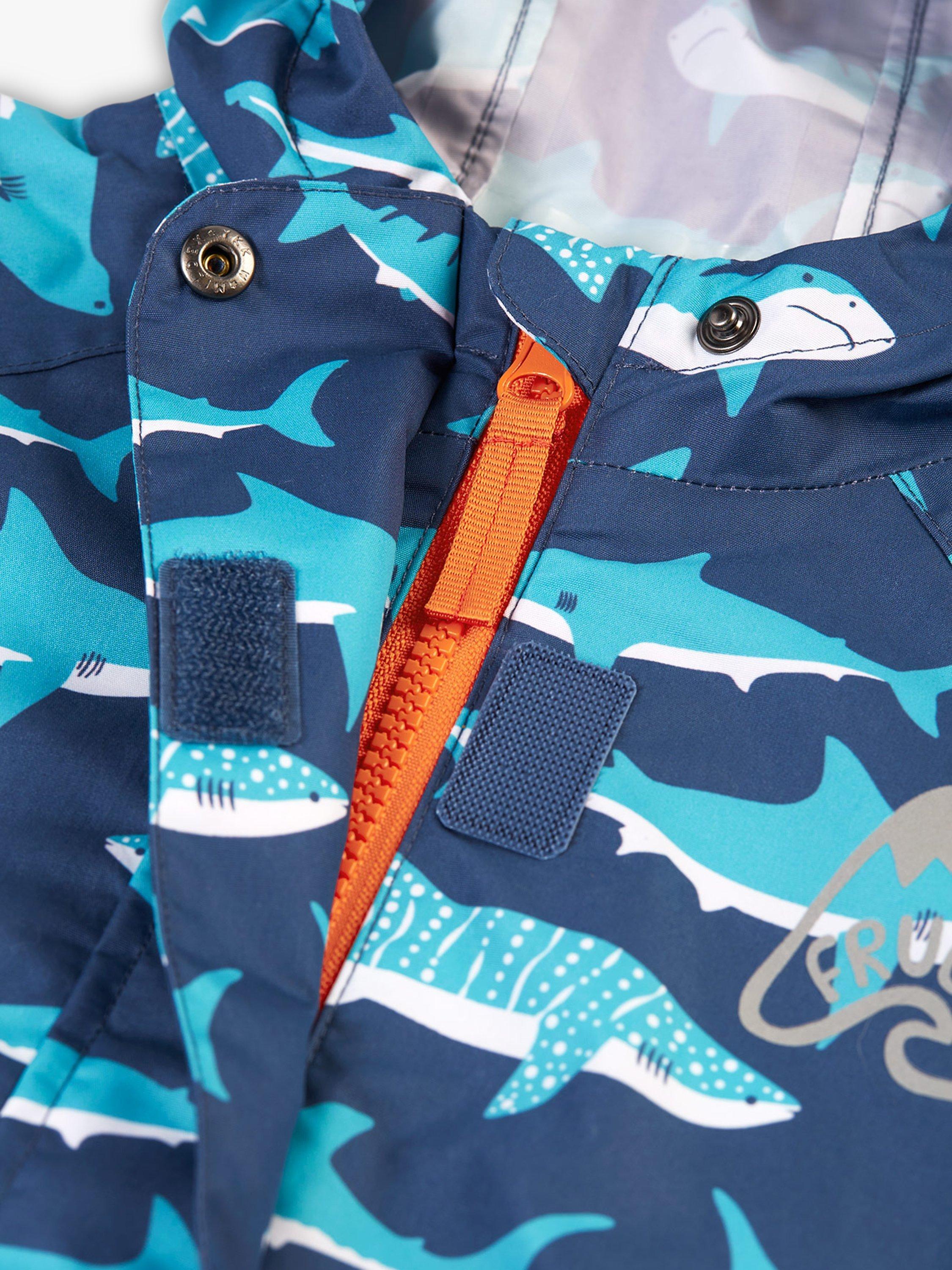 Product image 5 of 6, which shows Frugi Kids' Rain Or Shine Tropical Sea Sharks Waterproof Suit, Multi, 2-3 years