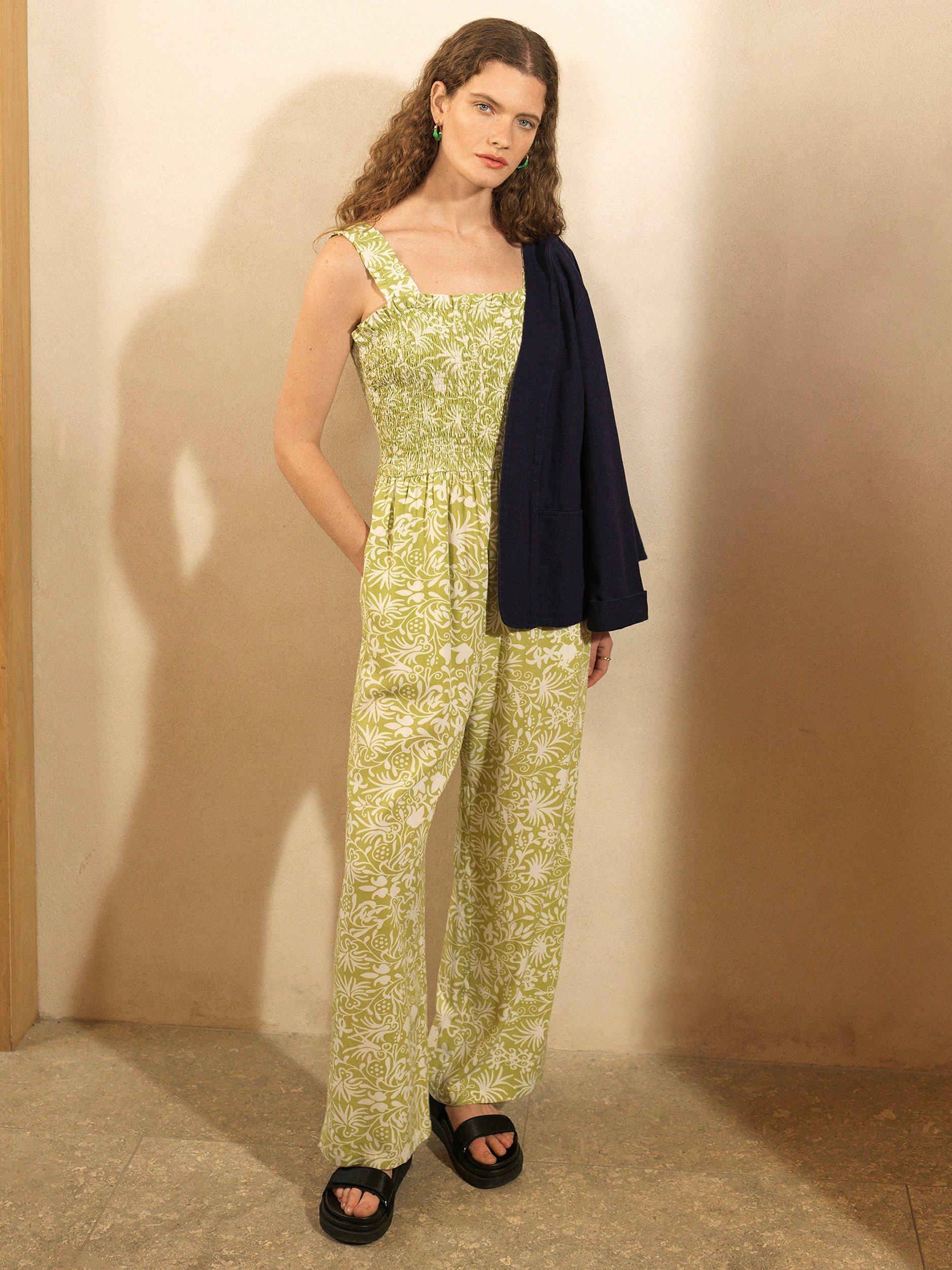 Great Plains Cadiz Floral Smocked Jumpsuit, Kiwi Milk