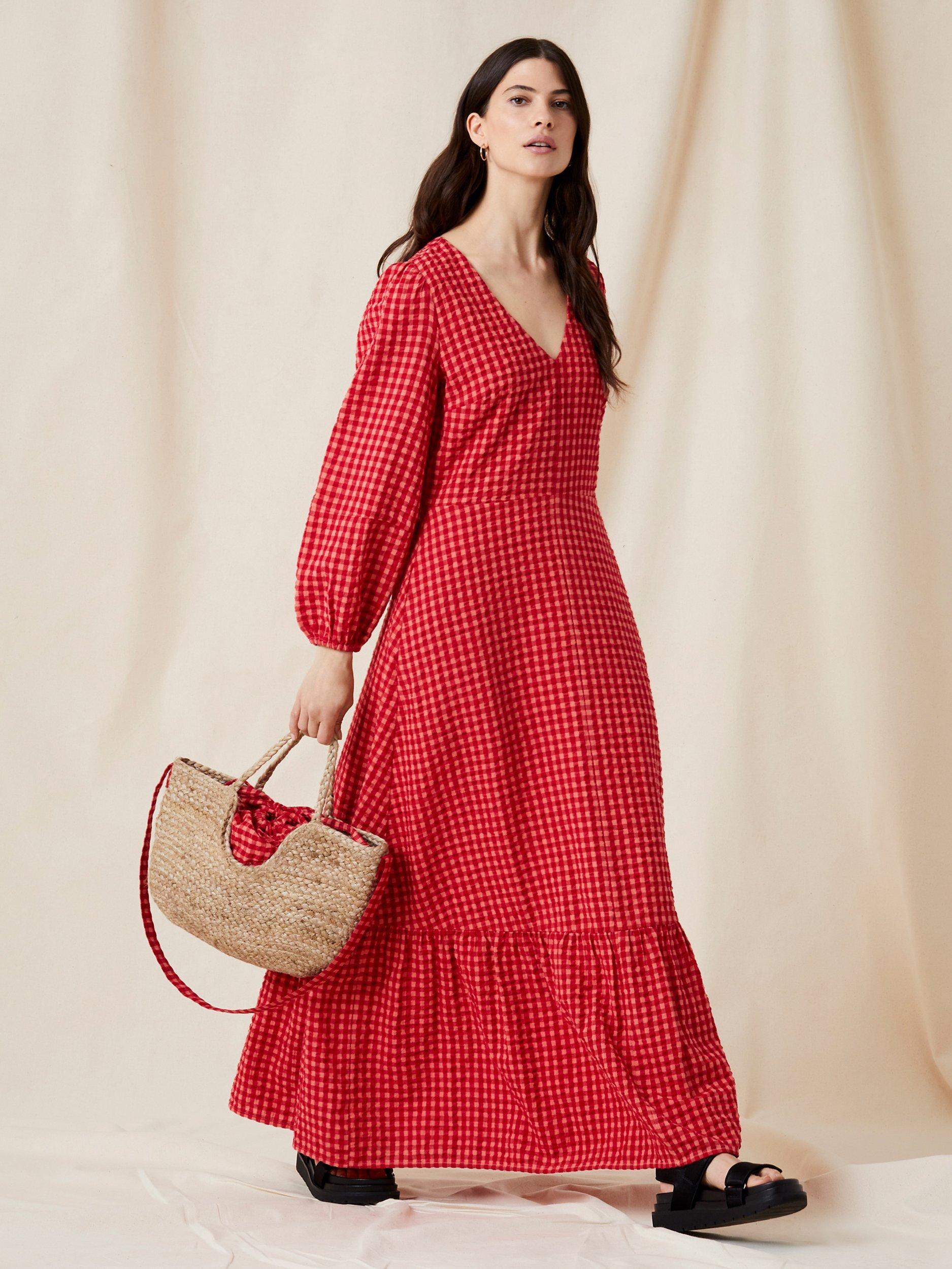 Great Plains Tunis Check Maxi Cotton Dress, Crimson/Hot Coral, 12