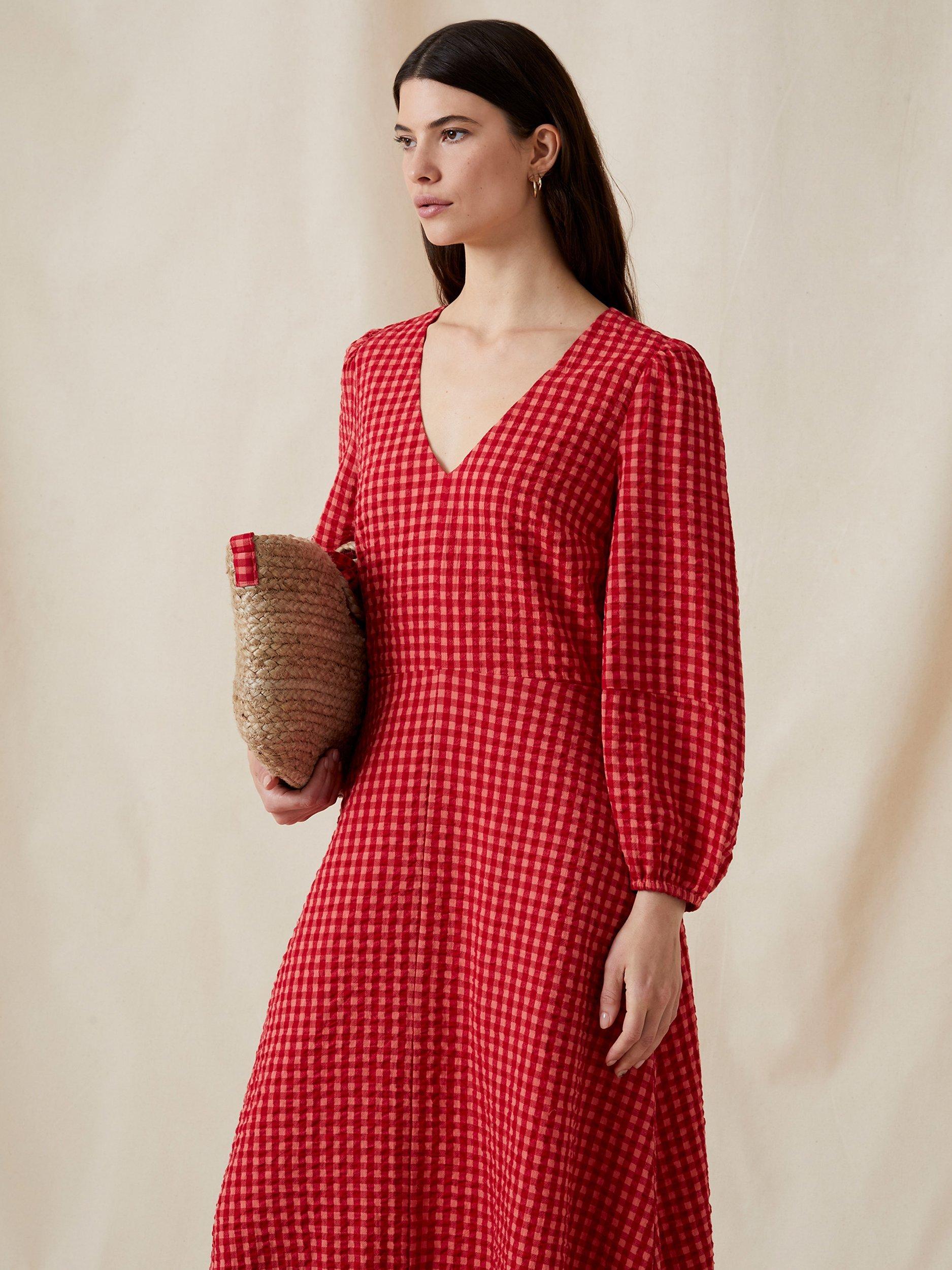 Great Plains Tunis Check Maxi Cotton Dress, Crimson/Hot Coral, 12