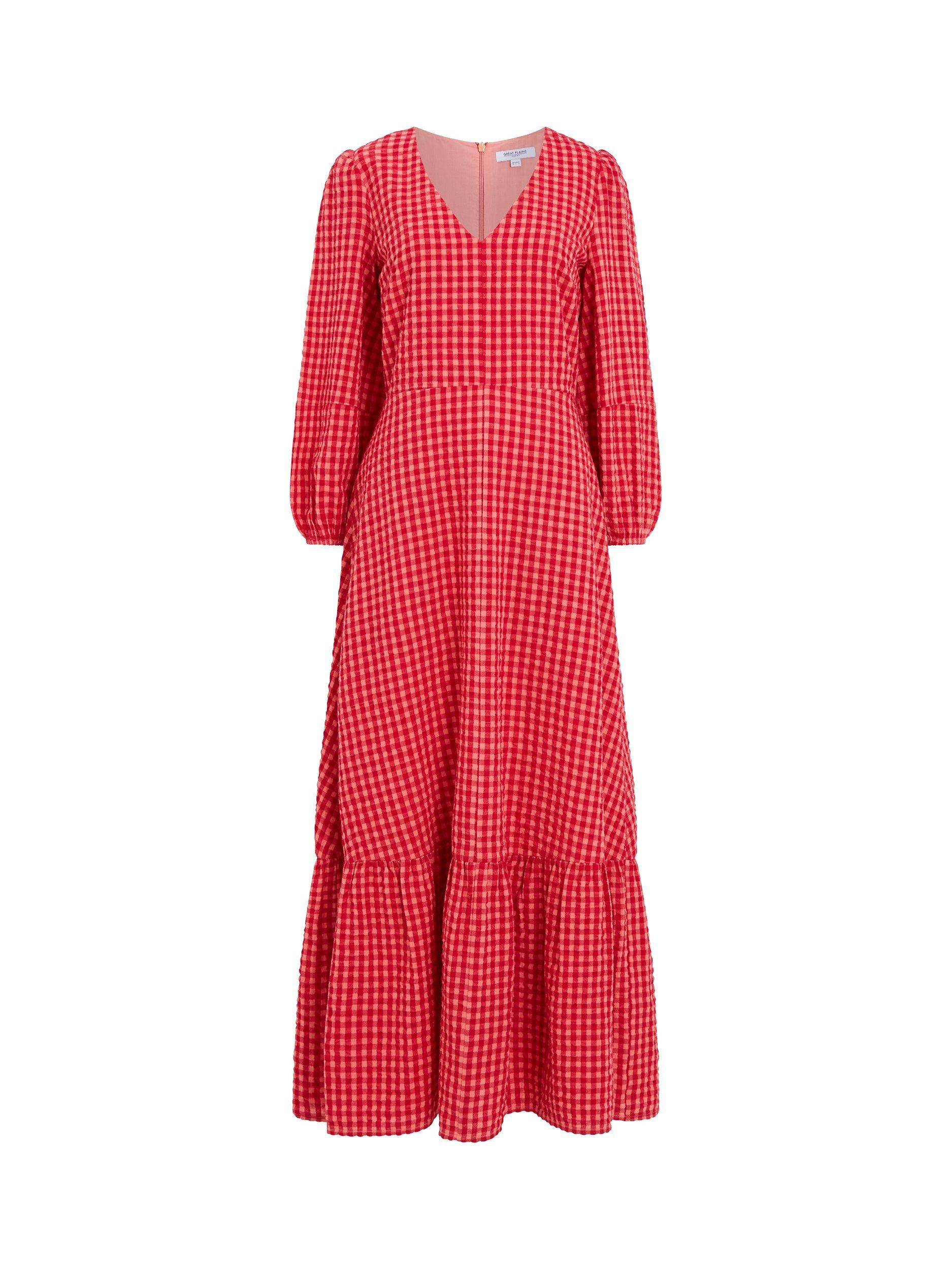 Great Plains Tunis Check Maxi Cotton Dress, Crimson/Hot Coral, 12