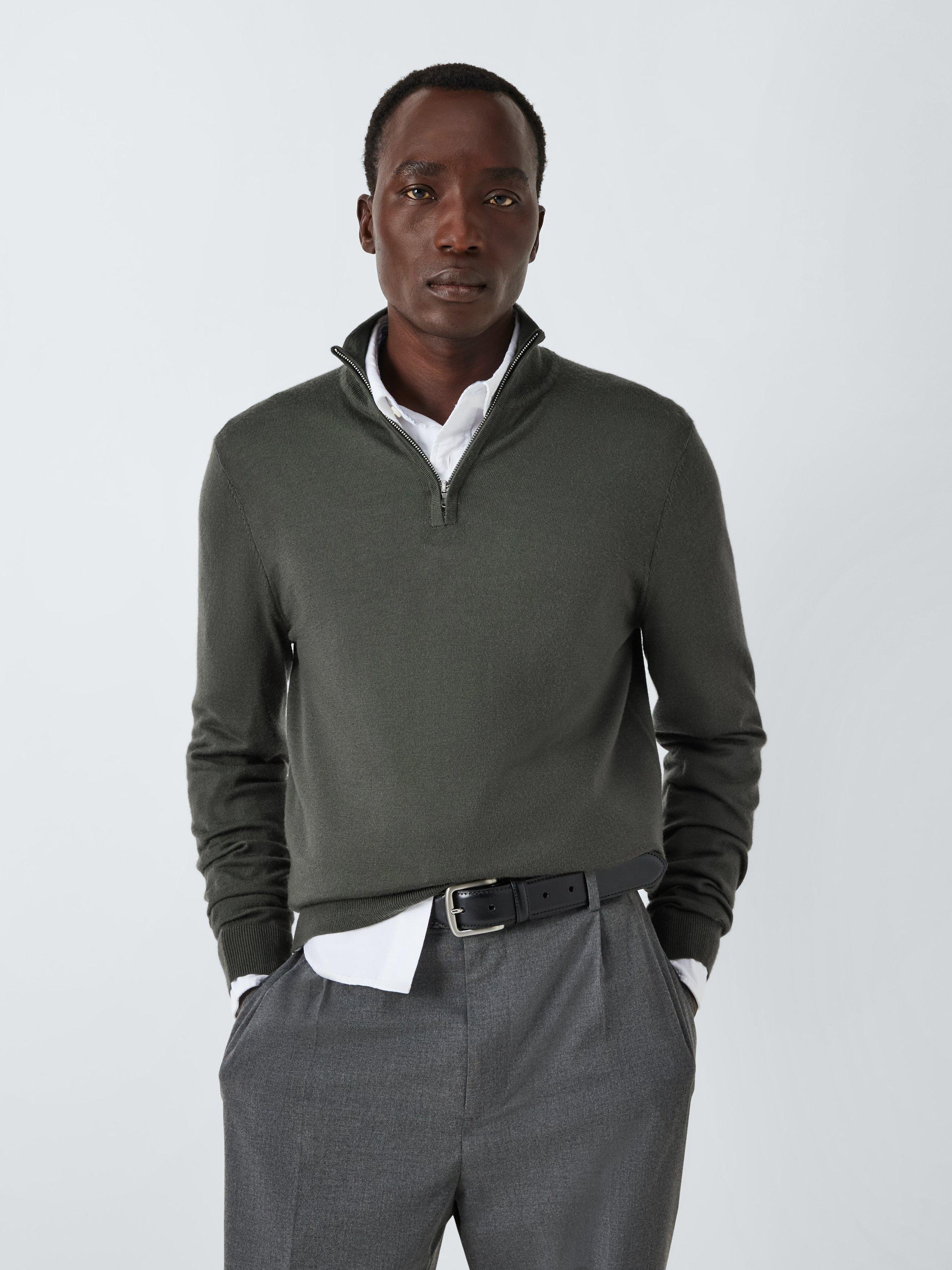 John Lewis Extra Fine Merino Wool Half Zip Jumper, Dark Sage