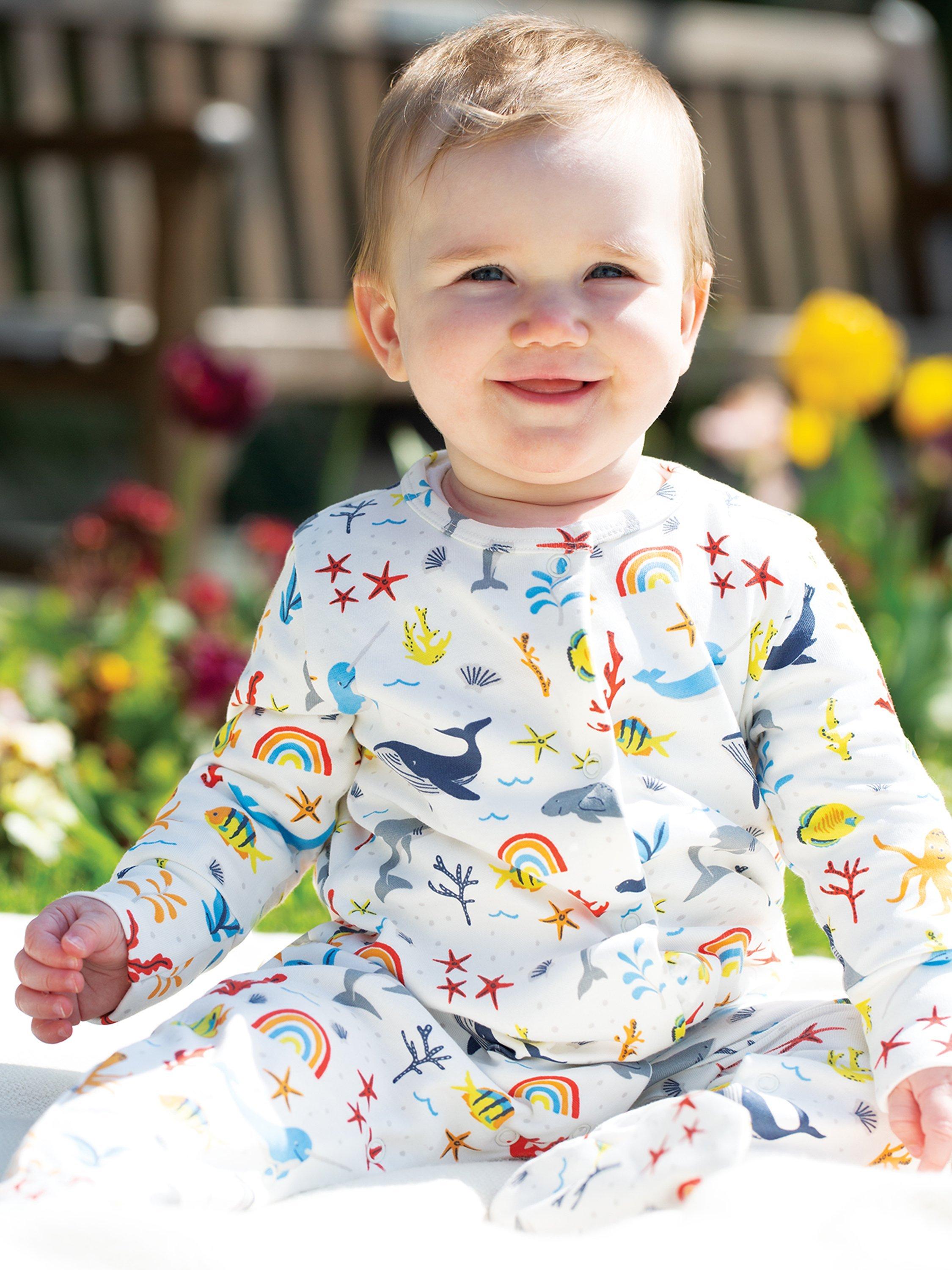 Frugi Baby Organic Cotton Lovely Print Babygrow, White Rainbow Sea