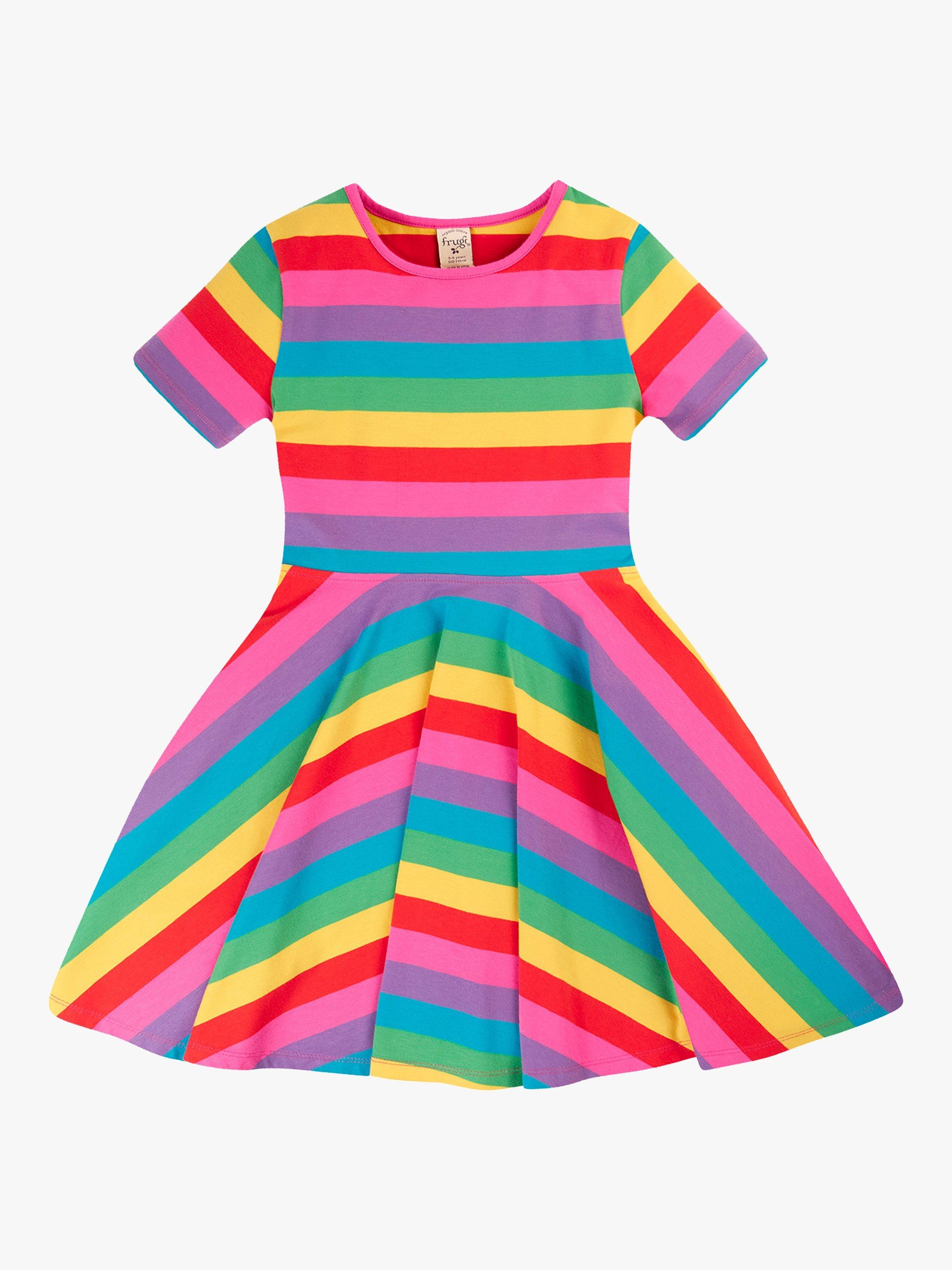 Product image 1 of 5, which shows Frugi Baby Little Sunshine Rainbow Stripe Skater Dress, Multi, 9-12 months