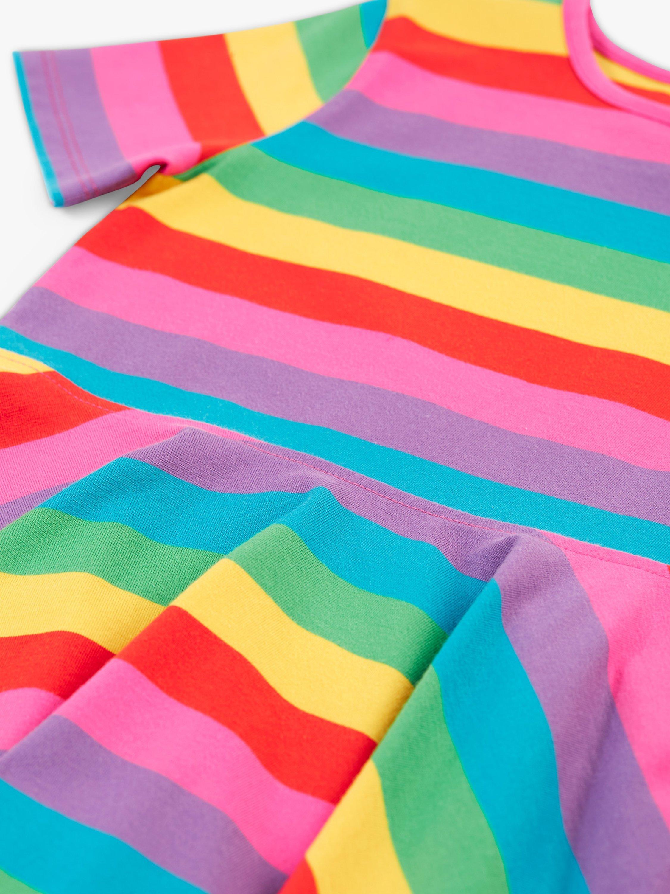 Product image 3 of 5, which shows Frugi Baby Little Sunshine Rainbow Stripe Skater Dress, Multi, 9-12 months