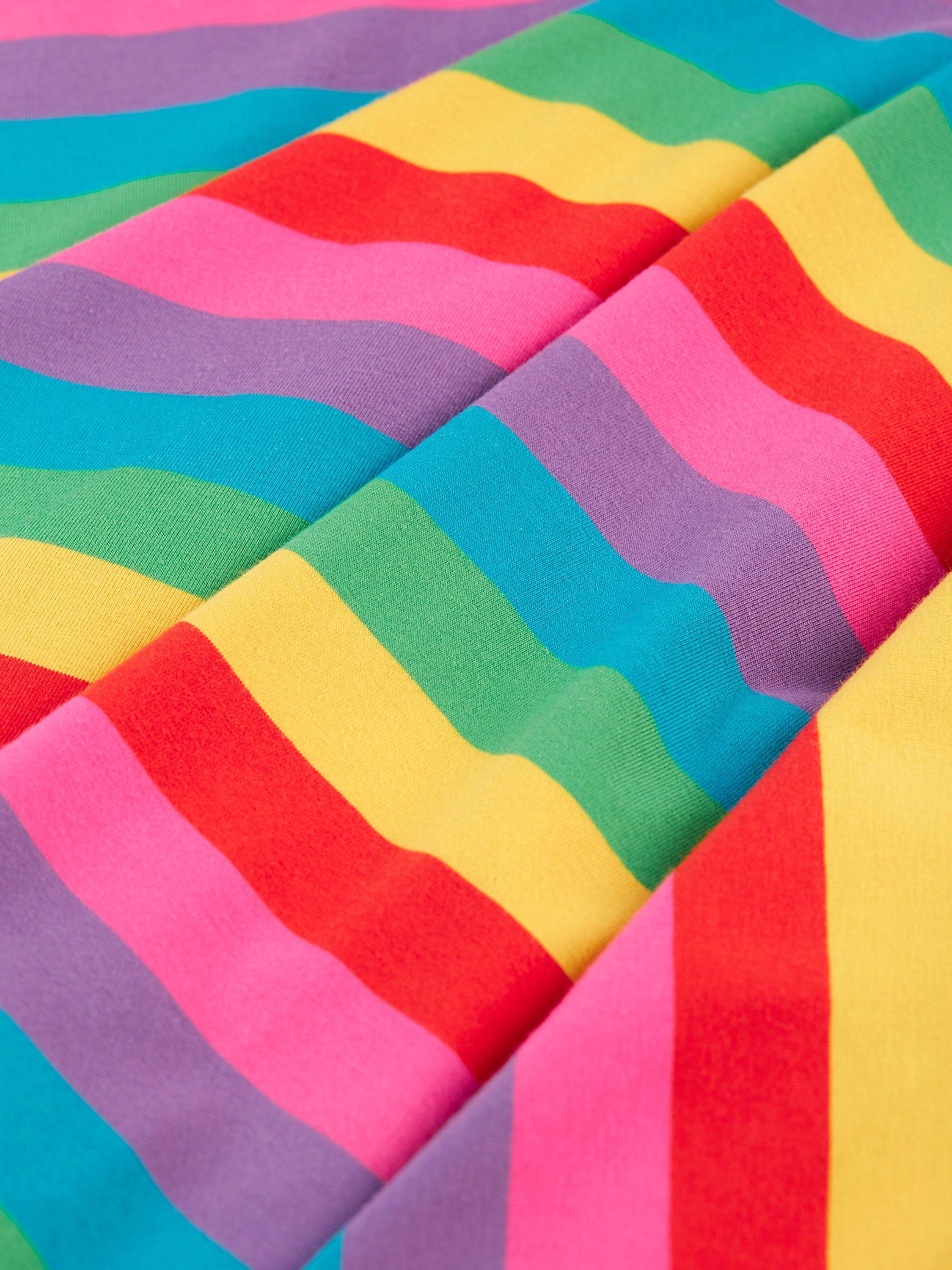Product image 4 of 5, which shows Frugi Baby Little Sunshine Rainbow Stripe Skater Dress, Multi, 9-12 months