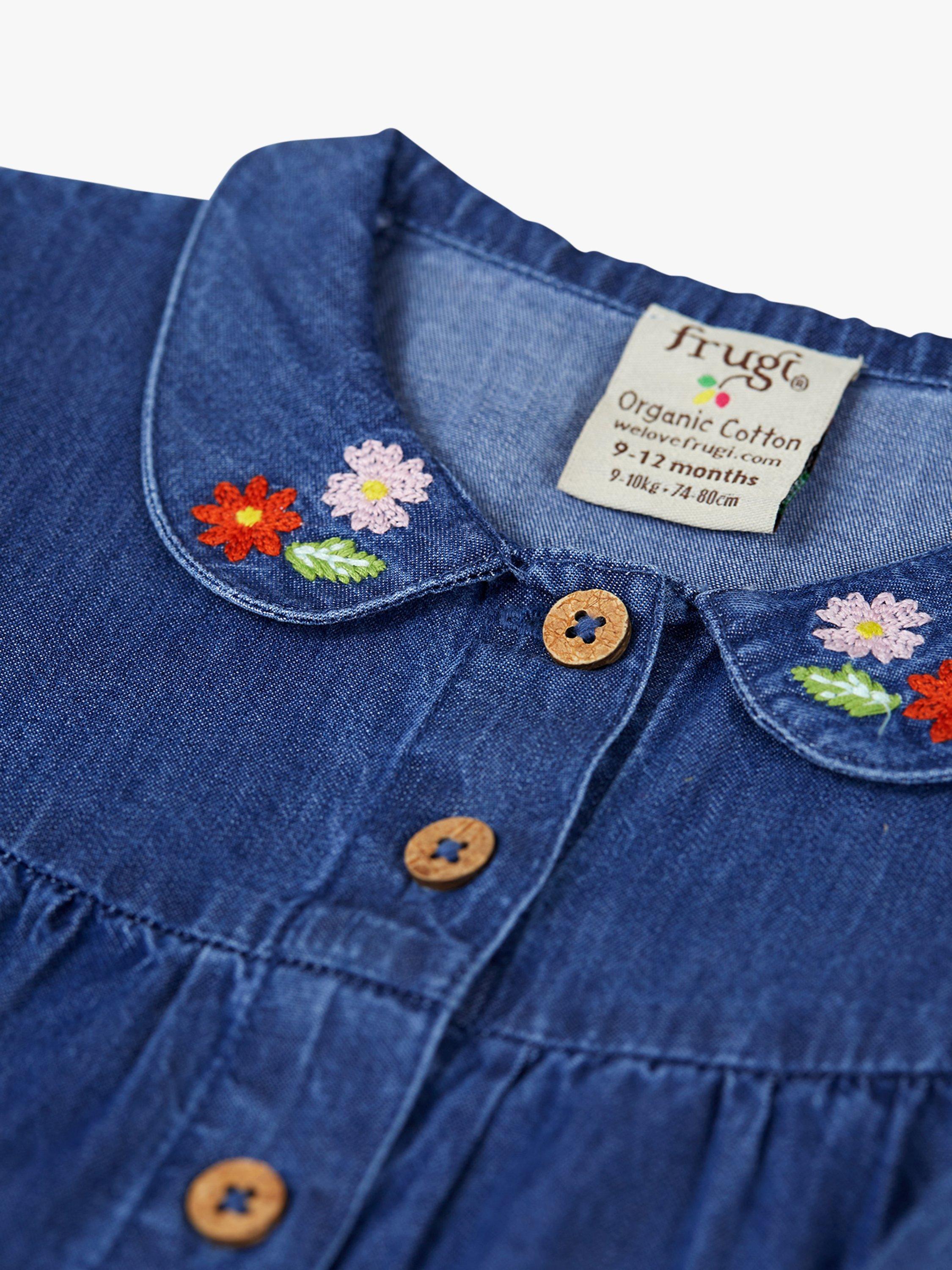 Product image 2 of 3, which shows Frugi Baby Organic Cotton Emma Duck Applique Chambray Dress, Blue, 0-3 months