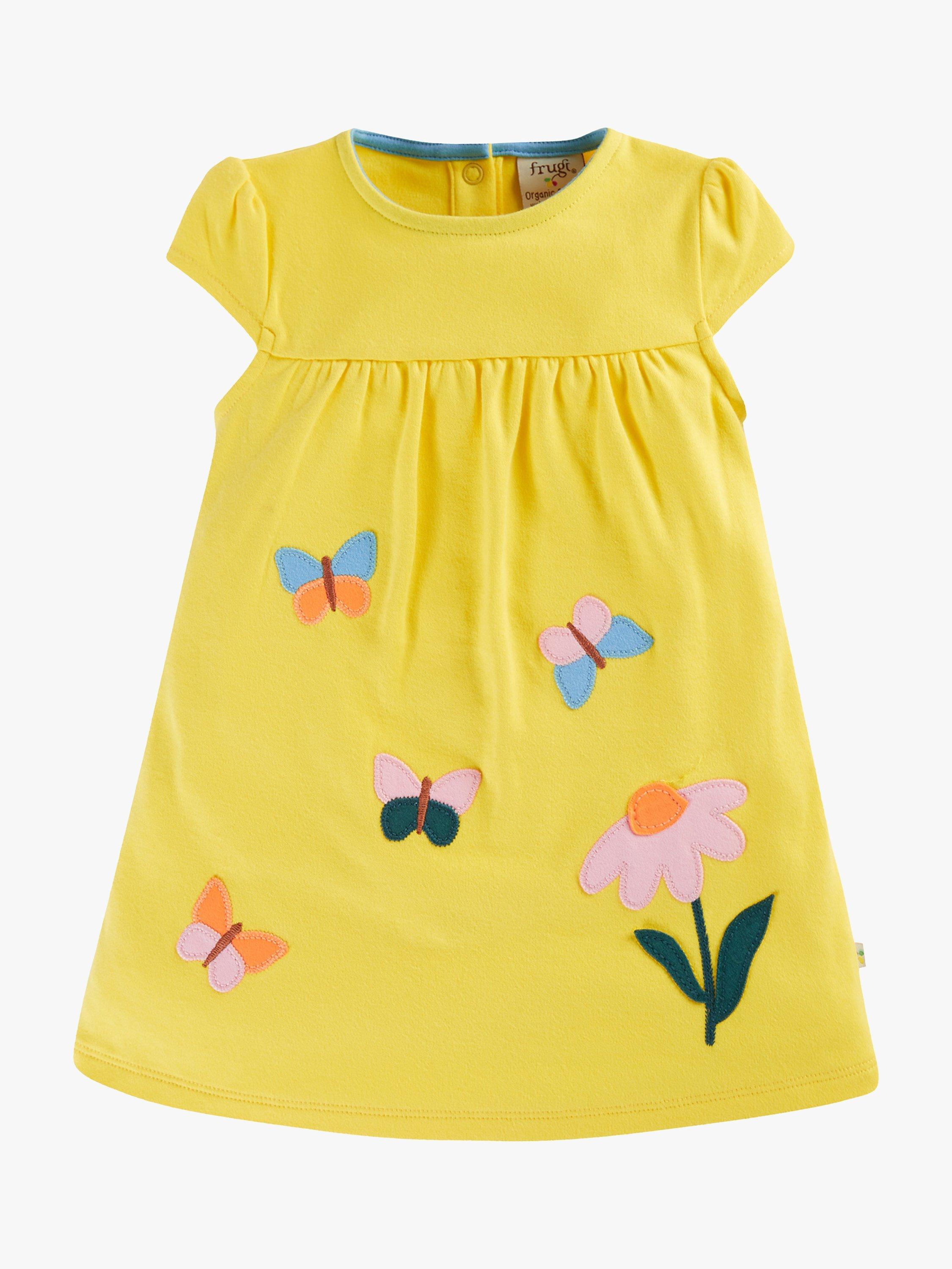 Frugi Baby Organic Cotton Little Layla Applique Dress, Banana/Echinacea