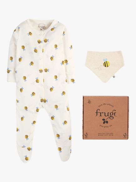 Frugi Baby Organic Cotton Buzzy Bee Bodysuit & Bib Gift Set, White/Multi, Buzzy Bee