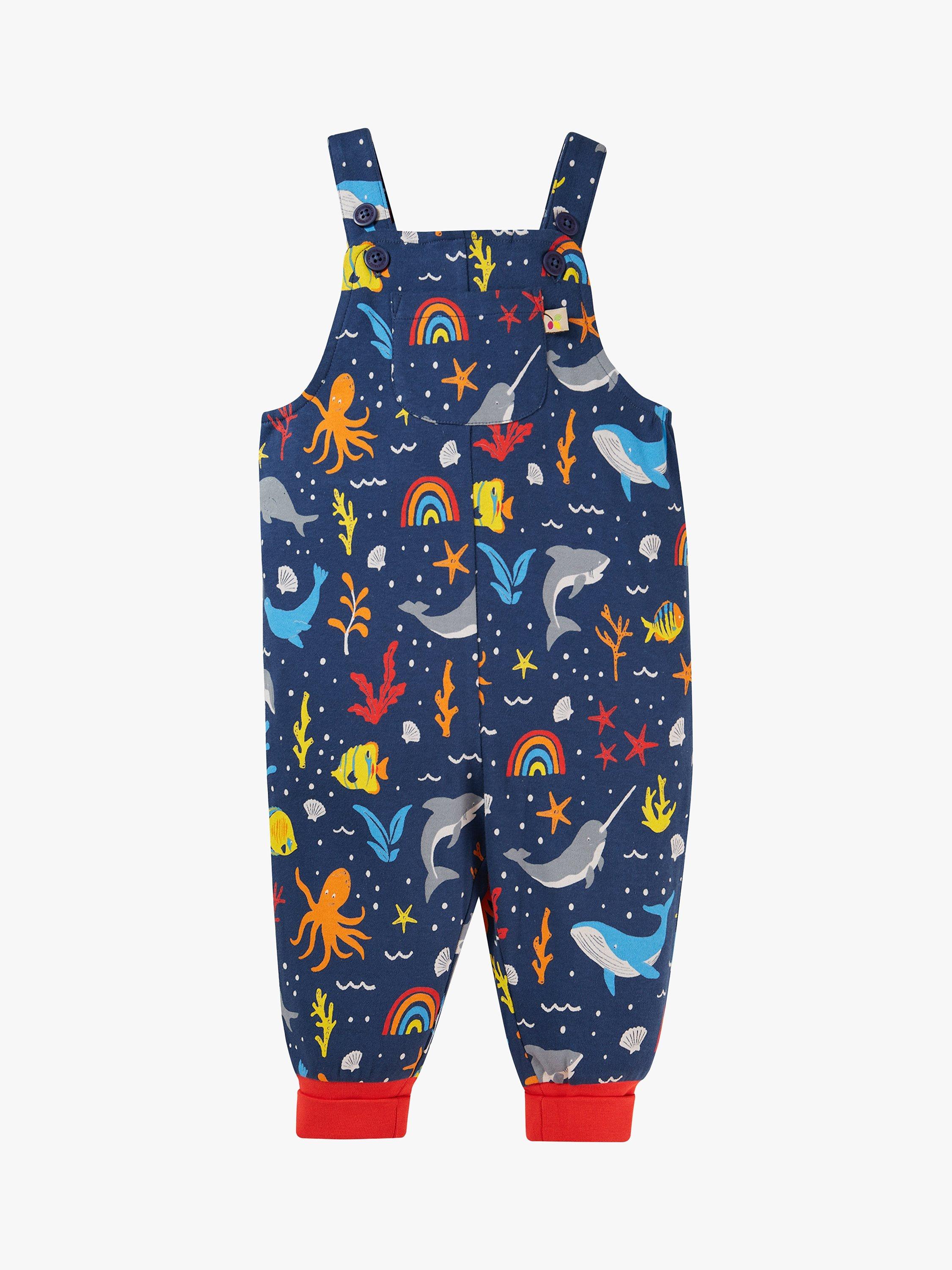 Frugi Baby Organic Cotton Parsnip Dungarees, Rainbow Sea, 6-9 months