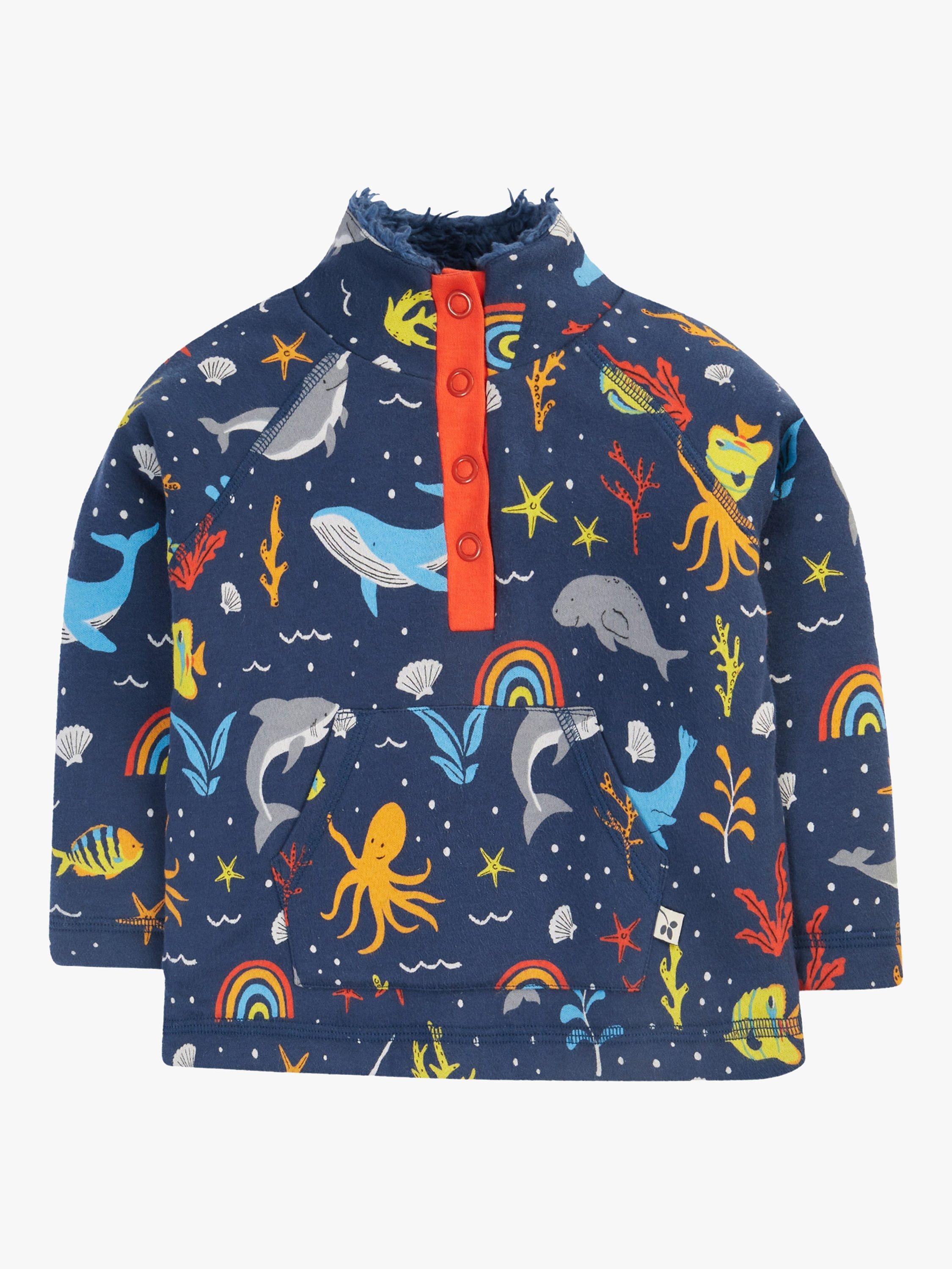 Product image 1 of 3, which shows Frugi Baby' Little Raglan Snuggle Fleece, Rainbow Sea, 6-12 months