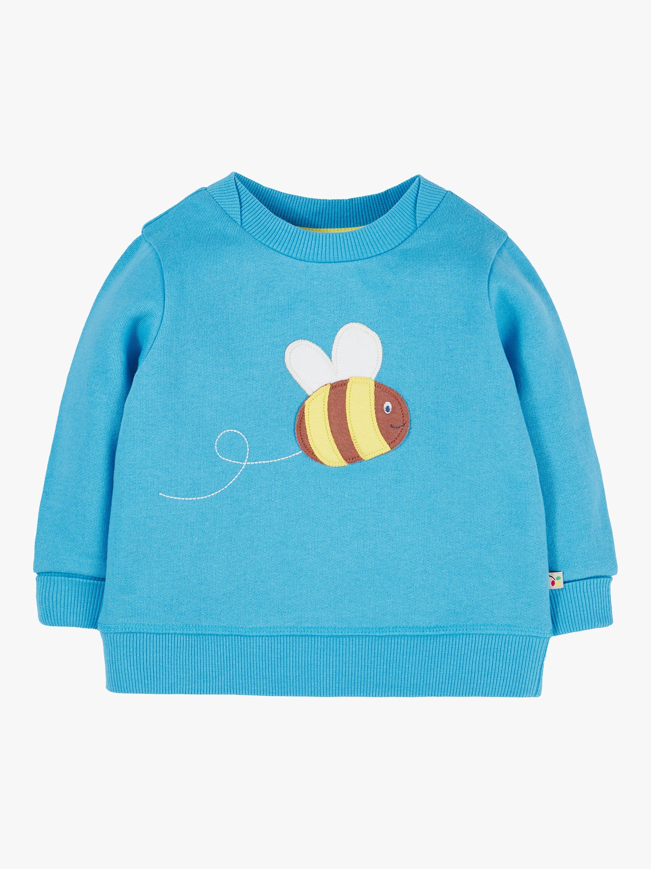 Product image 1 of 3, which shows Frugi Baby Switch Easy On Bee Applique Organic Cotton Jumper, Beluga Blue, 0-3 months