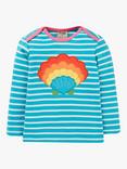 Frugi Baby Organic Cotton Bobby Shell Applique Stripe Top, Tropical Sea