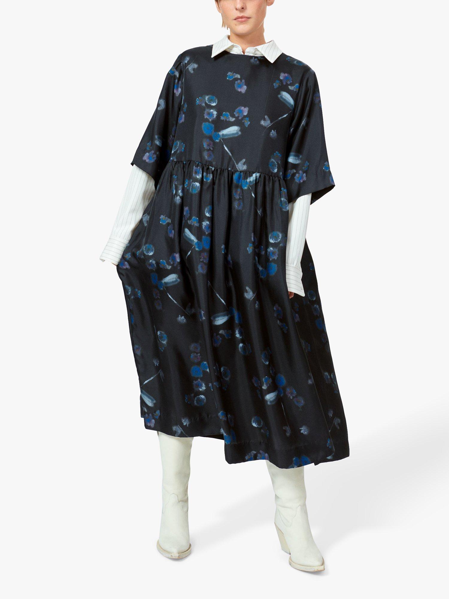 nue notes Demetri Floral Print Oversized Silk Dress Black Multi