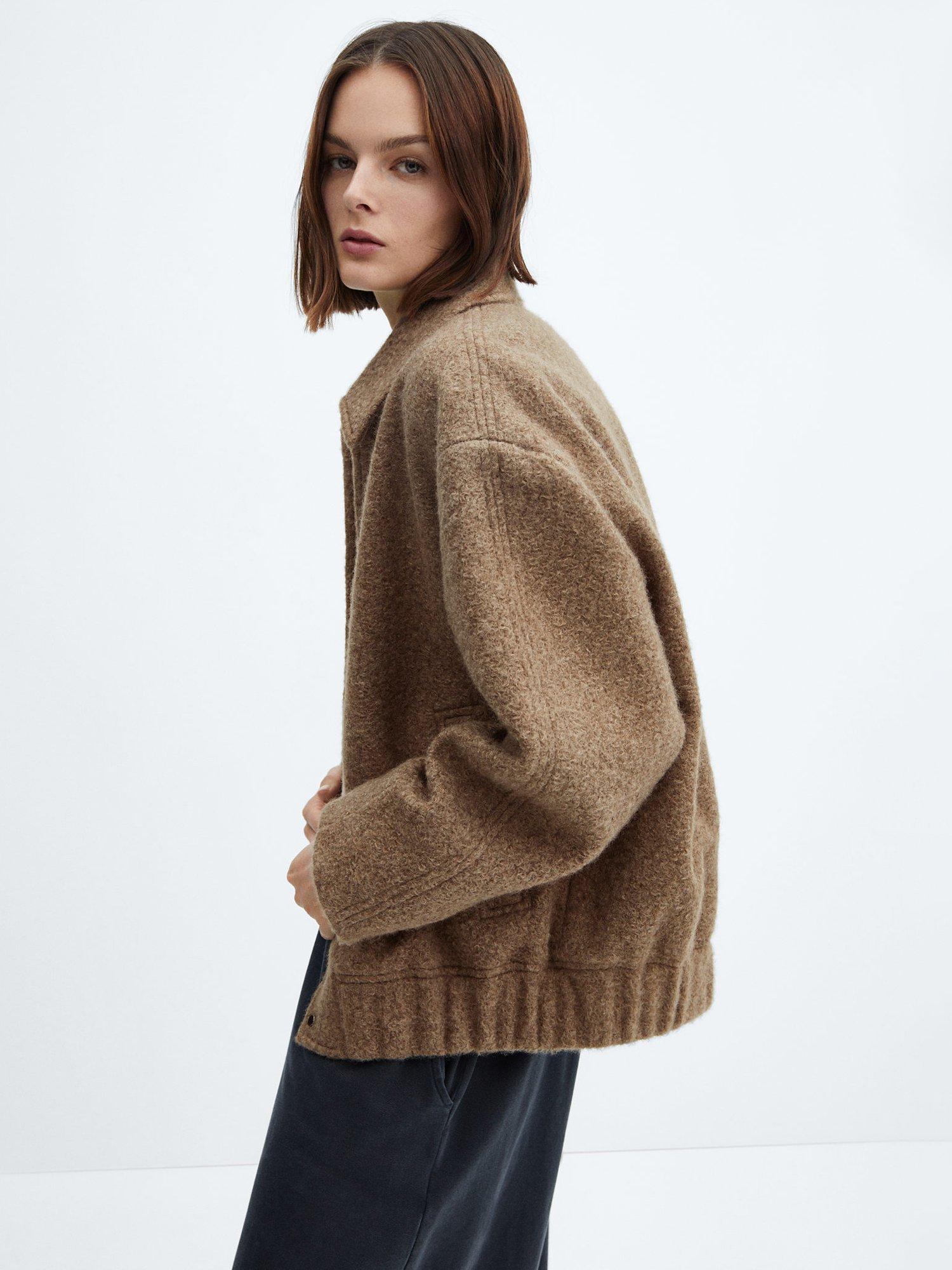Mango Pop Terrycloth Oversized Collared Bomber Jacket, Dark Beige