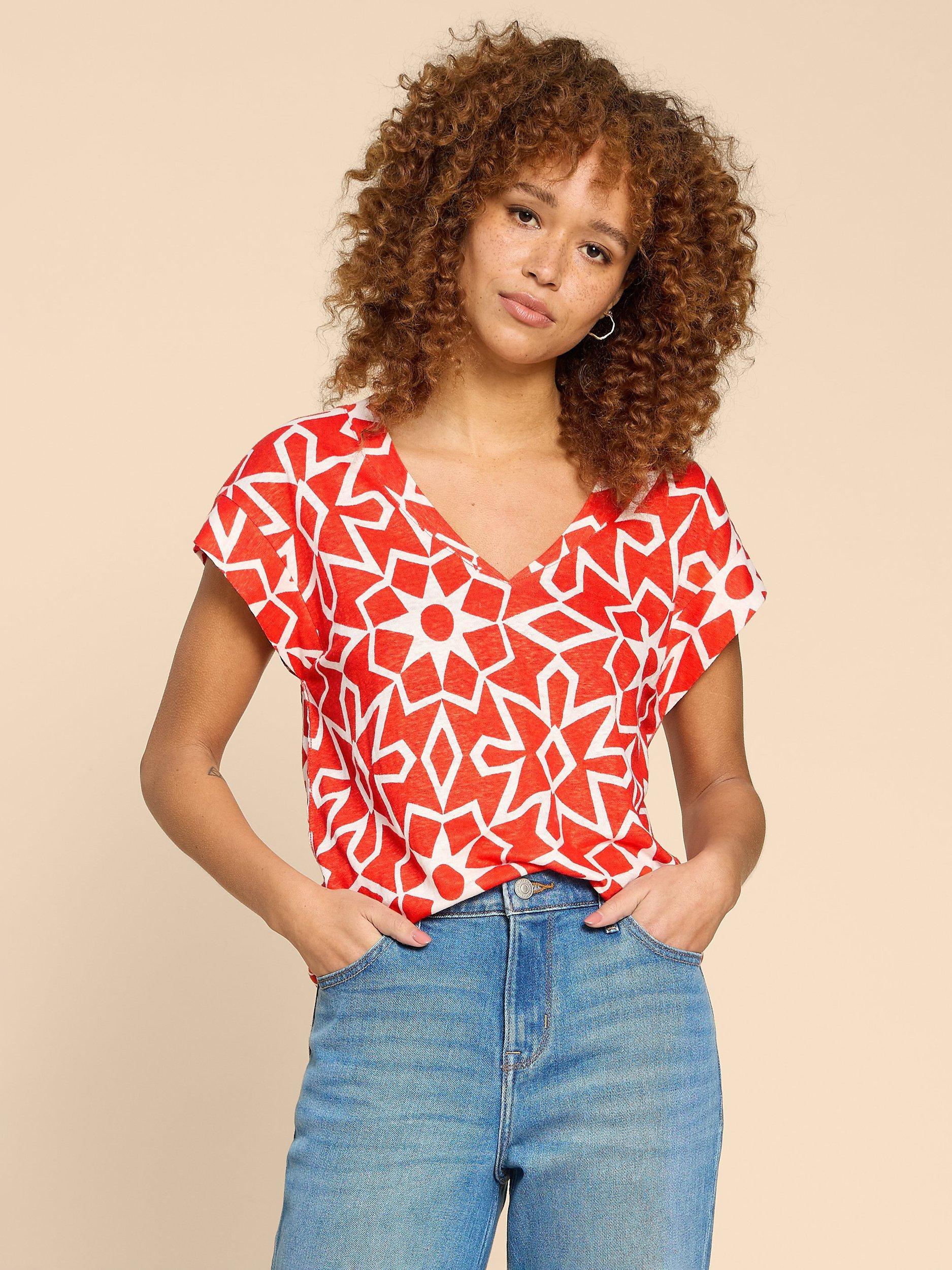 White Stuff Ivy Abstract Print Linen T-Shirt, Red