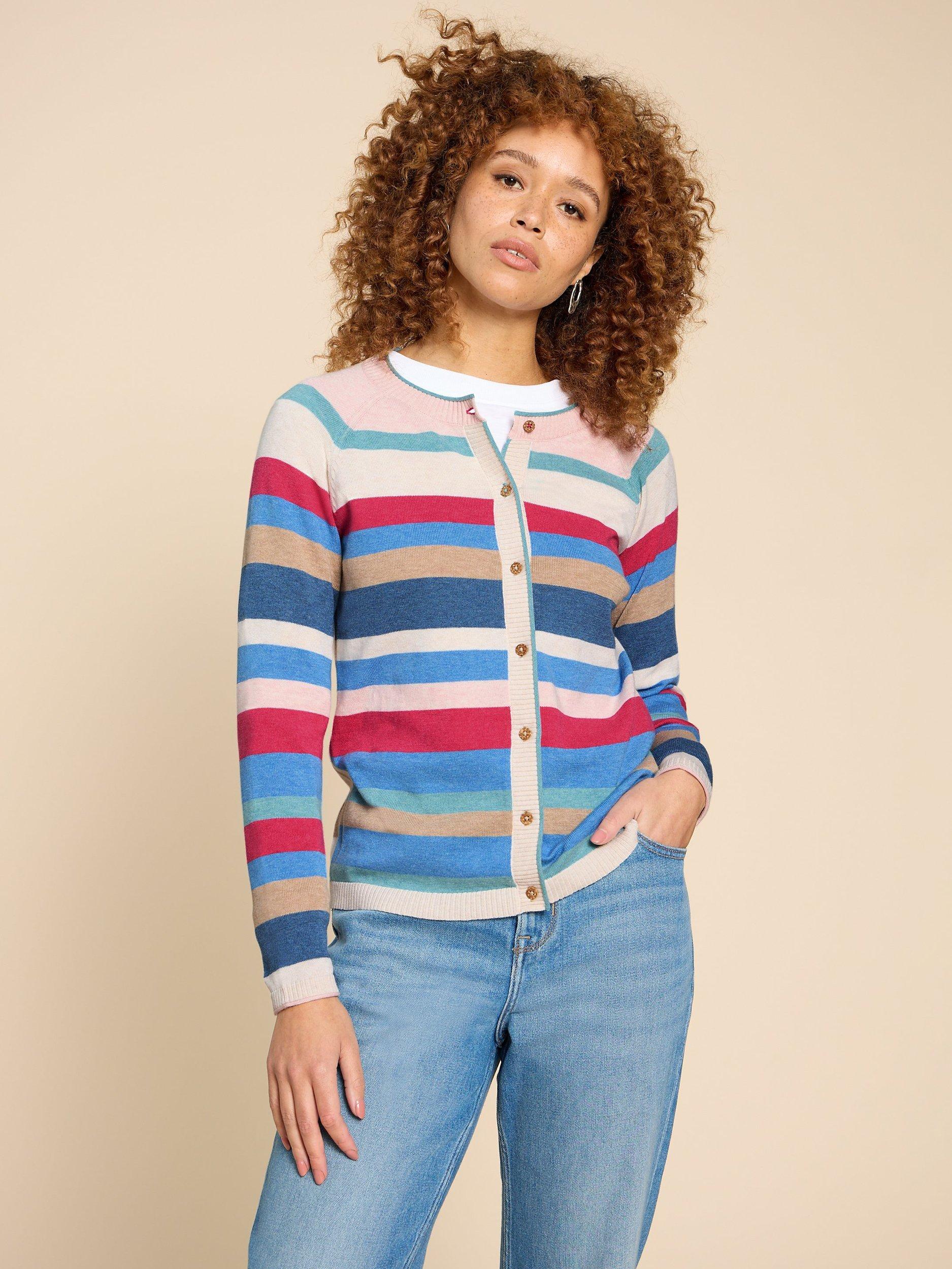 White Stuff Lulu Organic Cotton Striped Cardigan, Pink/Multi