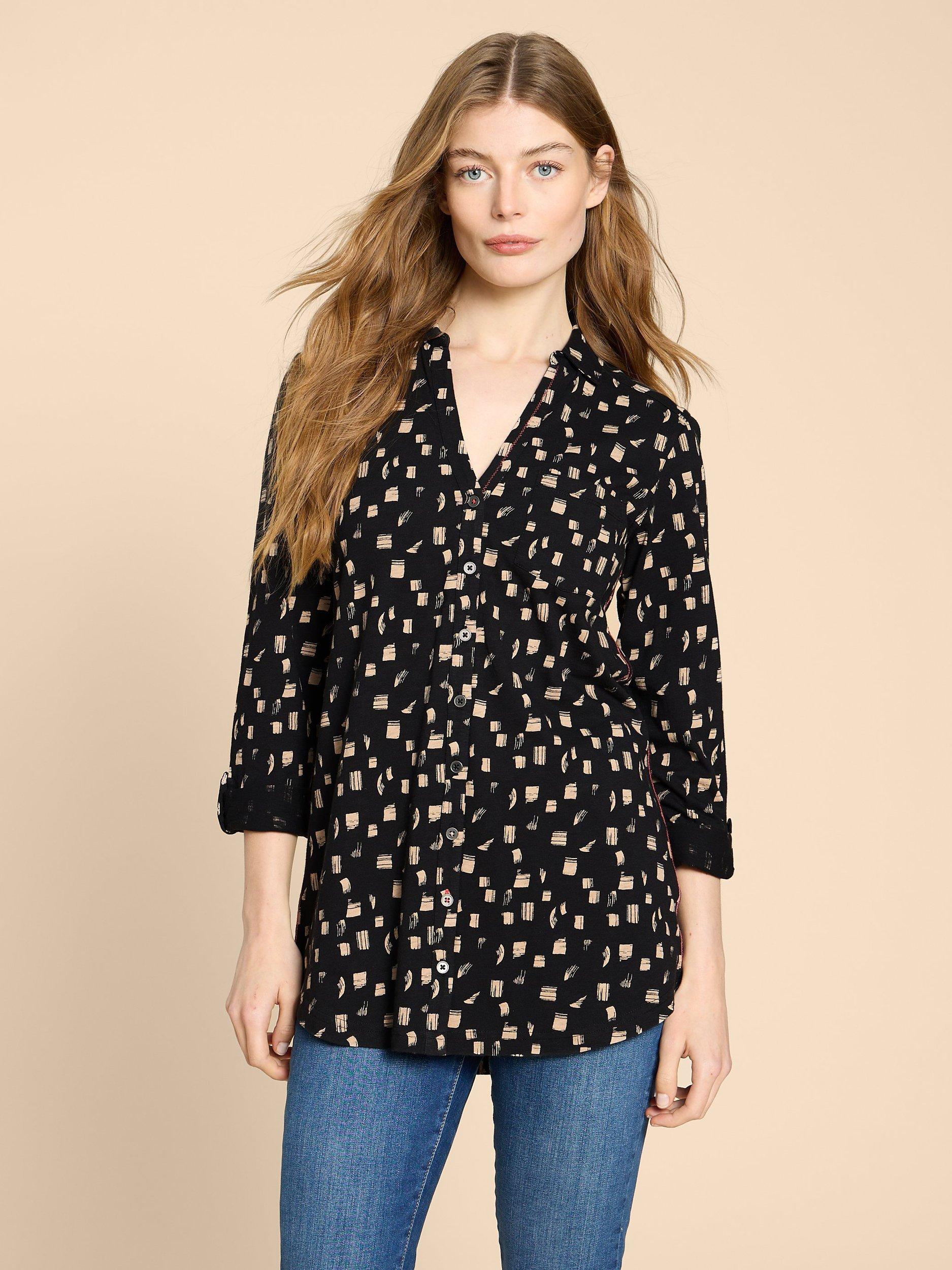 White Stuff Annie Geometric Print Cotton Shirt, Black/Multi