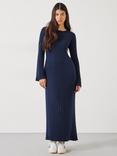 HUSH Penny Crew Neck Ribbed Wool Blend Maxi Dress, Midnight Navy