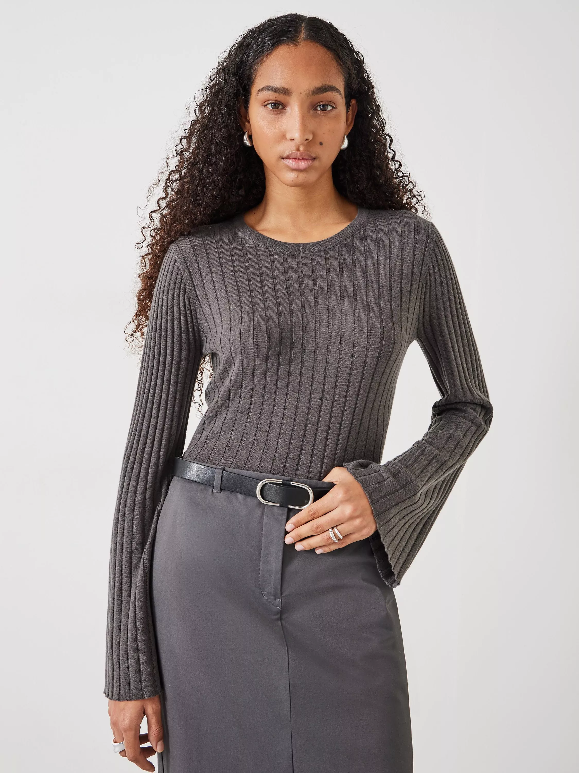 HUSH Zelda Fluted Sleeve Wool Blend Jumper Slate