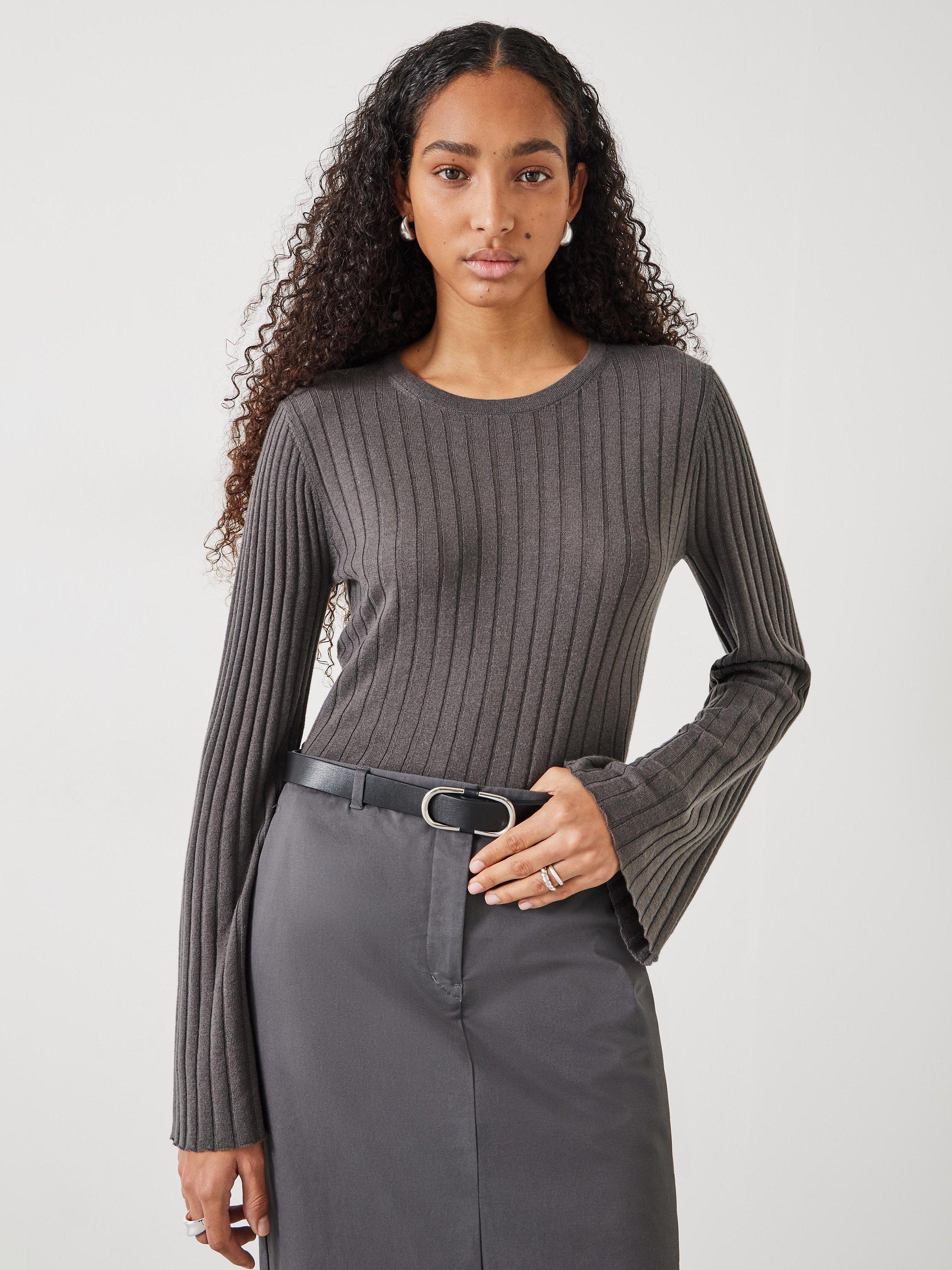 Product image 1 of 5, which shows HUSH Zelda Fluted Sleeve Wool Blend Jumper, Slate, M